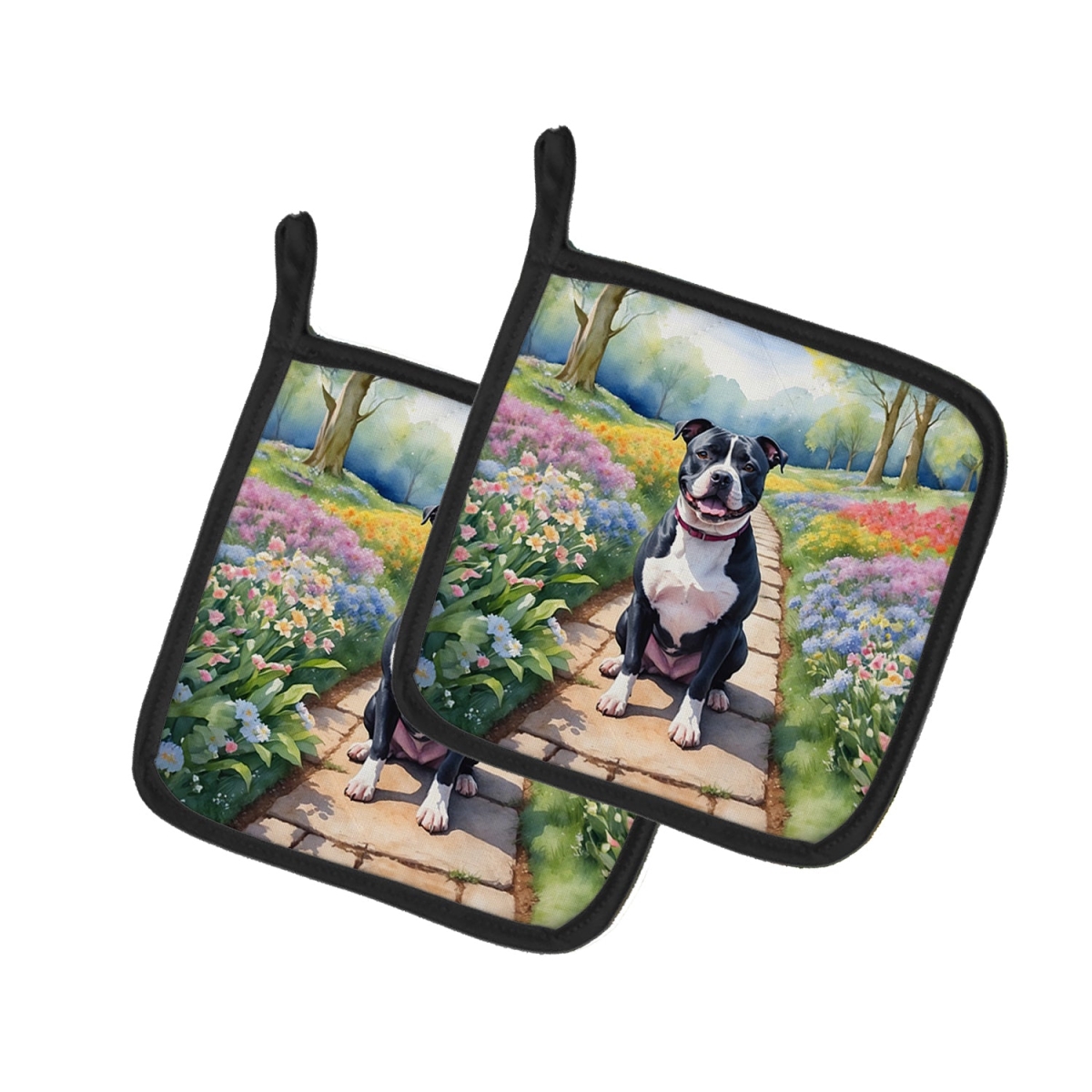 DAC6722PTHD 7.5 x 7.5 in. Staffordshire Bull Terrier Spring Path Pot Holders - Set of 2