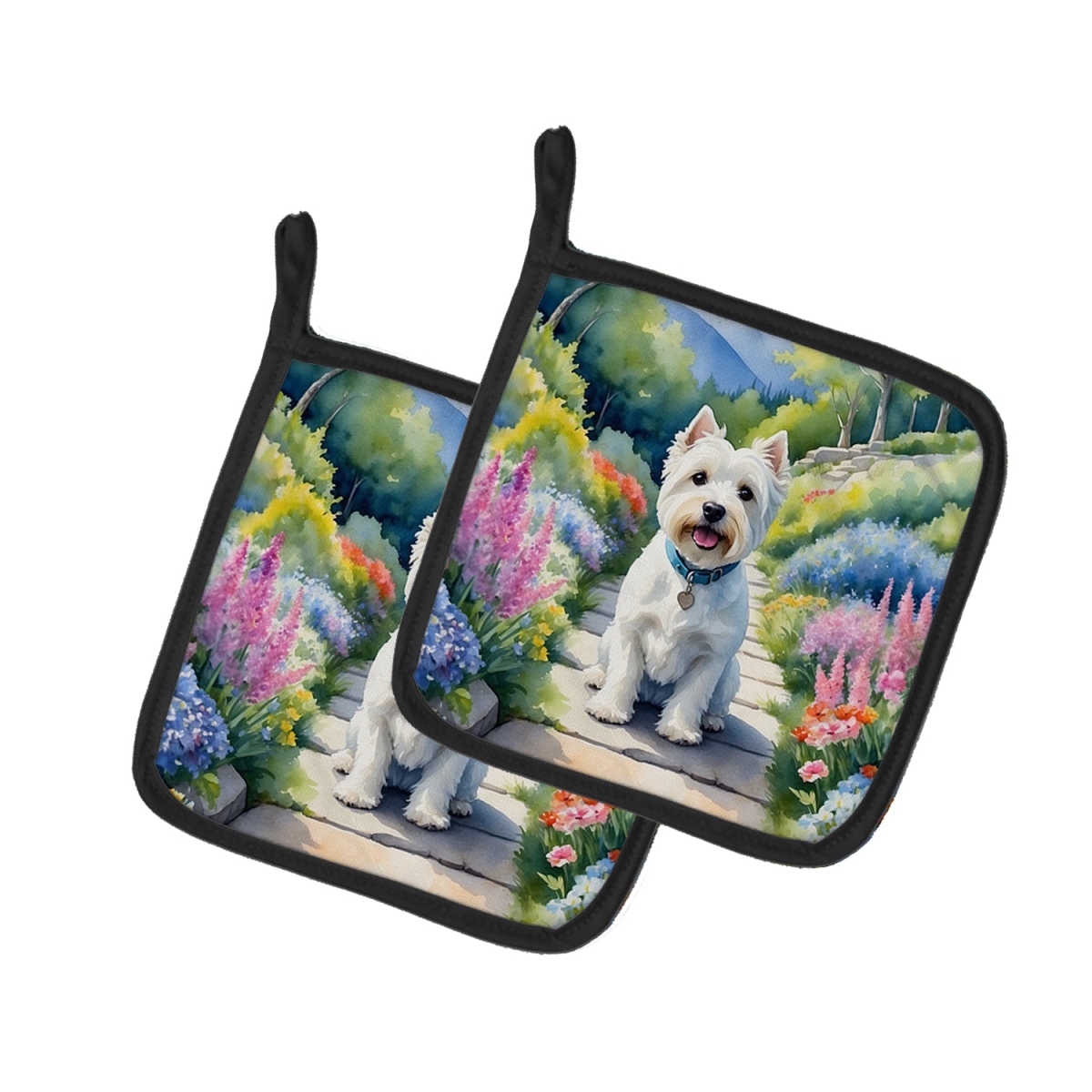 DAC6731PTHD 7.5 x 7.5 in. Westie Spring Path Pot Holders - Set of 2
