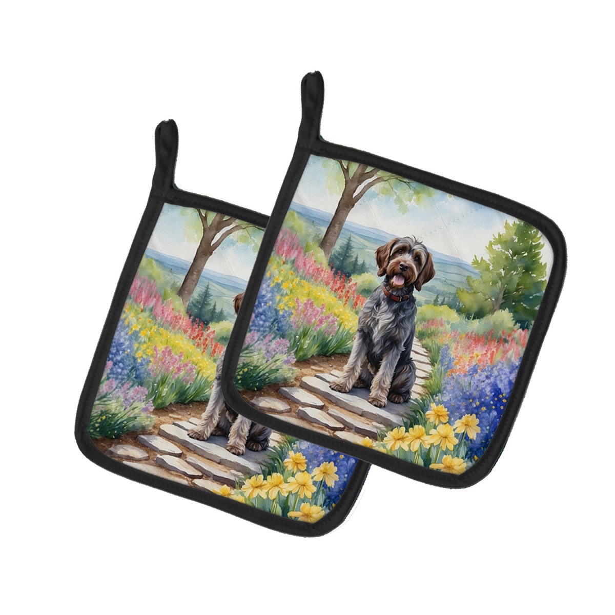 DAC6734PTHD 7.5 x 7.5 in. Wirehaired Pointing Griffon Spring Path Pot Holders - Set of 2