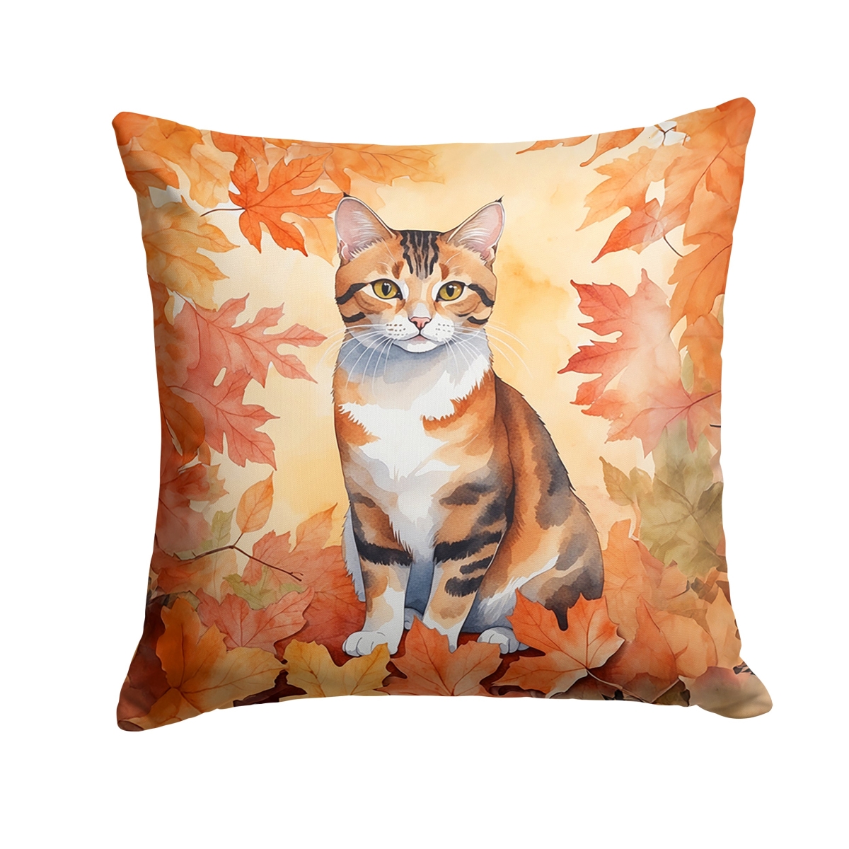 DAC7143PW1818 18 x 18 in. Korean Bobtail Cat in Fall Leaves Throw Pillow