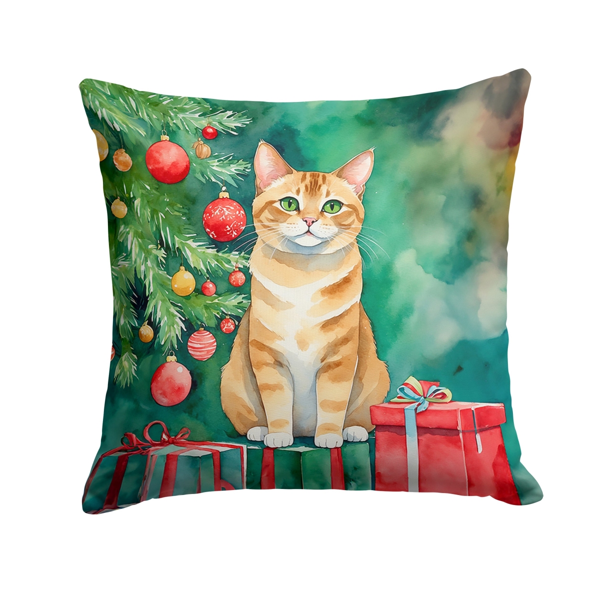 DAC7231PW1414 14 x 14 in. Malayan Cat by the Christmas Tree Throw Pillow