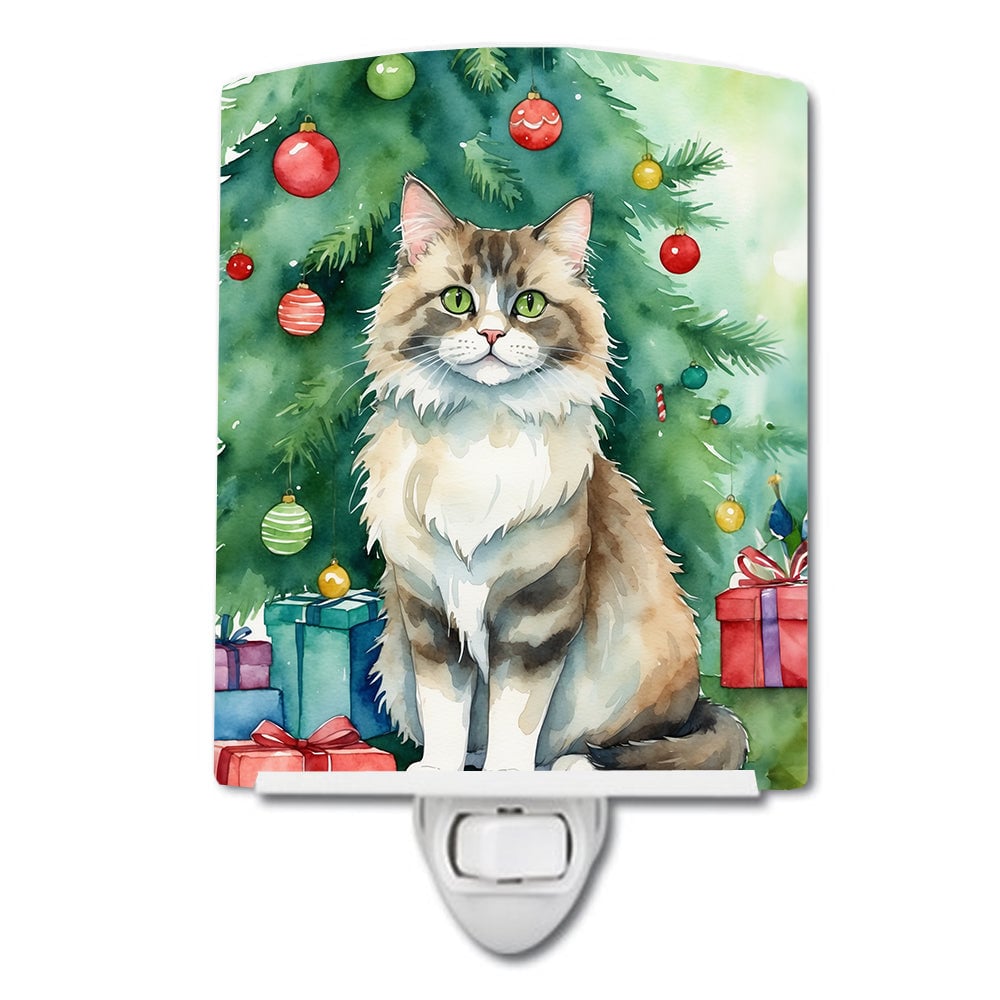DAC7248CNL 6 x 4 in. Ragamuffin Cat by the Christmas Tree Ceramic Night Light