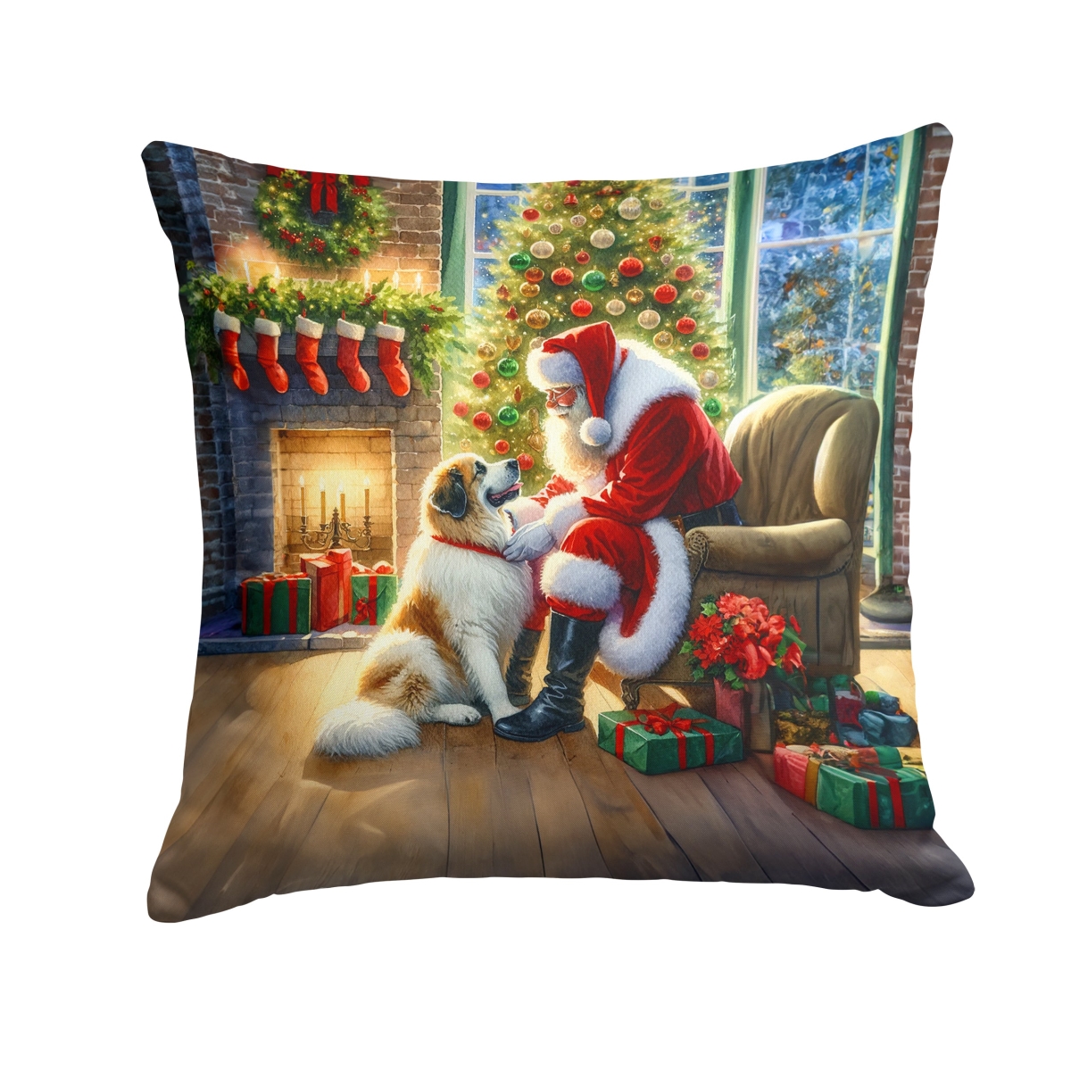 DAC4121PW1414 14 x 14 in. Great Pyrenees & Santa Claus Throw Pillow