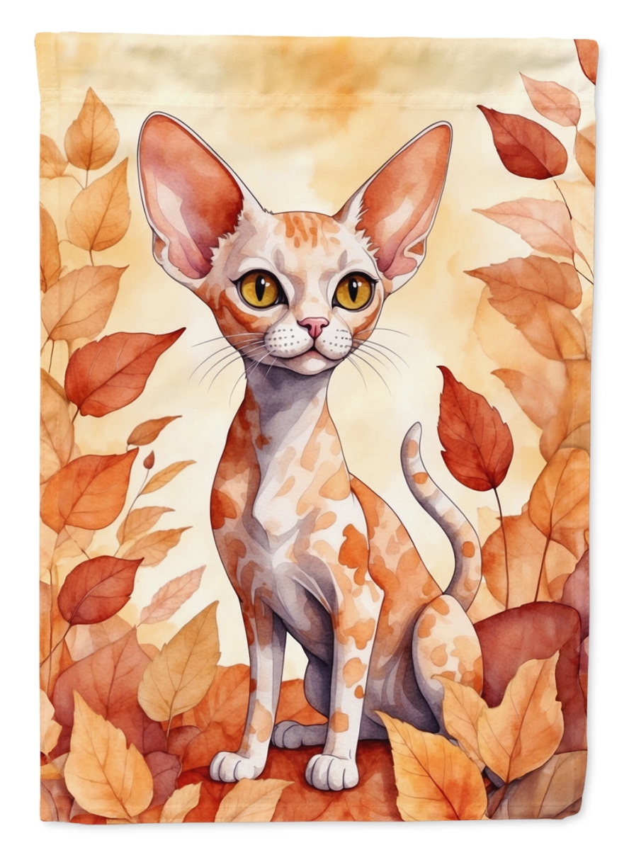 DAC7128GF 15.5 x 11.25 in. Devon Rex Cat in Fall Leaves Garden Flag