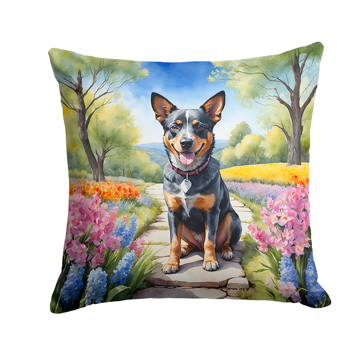 Australian Cattle Dog Spring Garden Pillow - 14 x 14 in. - Water-Resistant