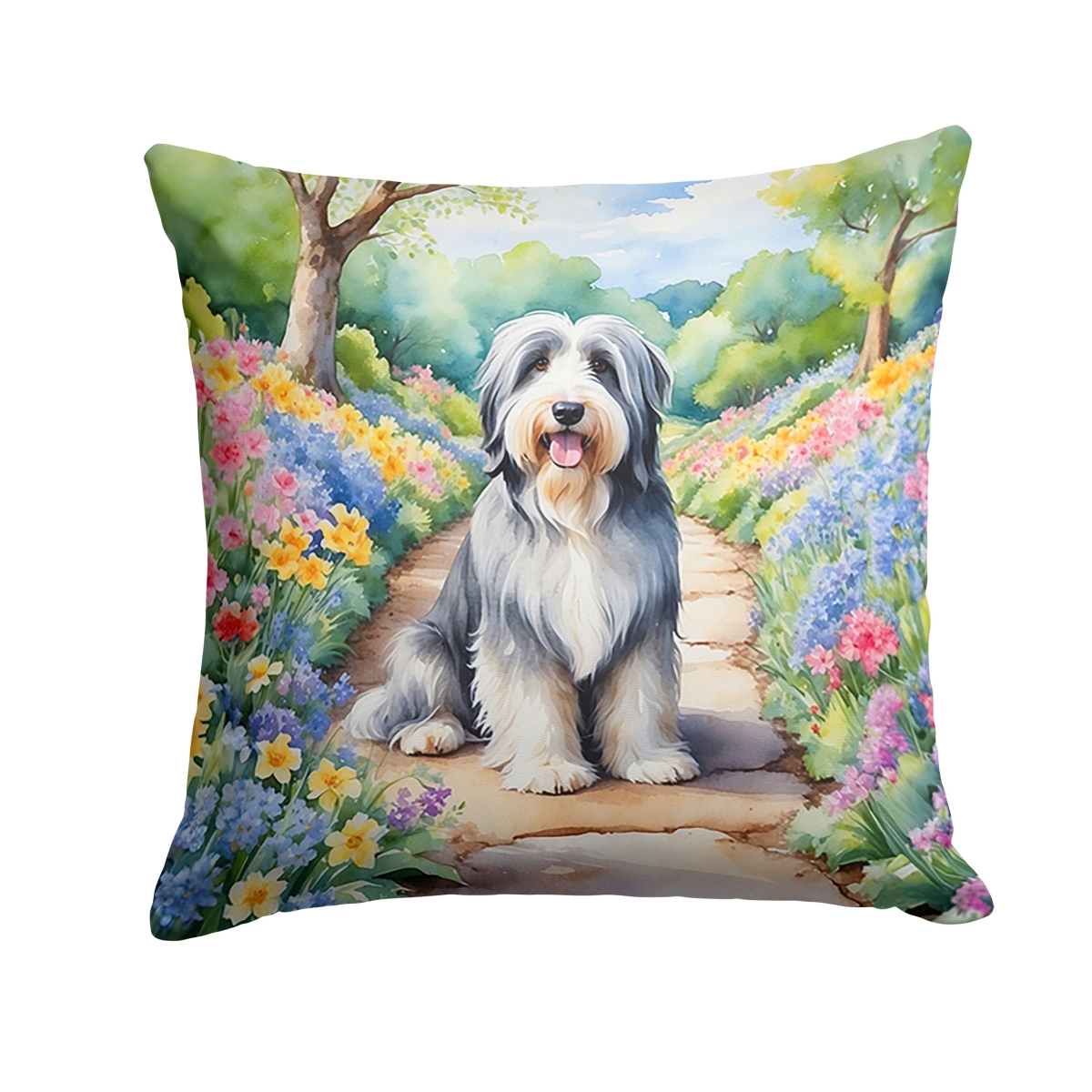 DAC6561PW1414 14 x 14 in. Bearded Collie Spring Garden Throw Pillow