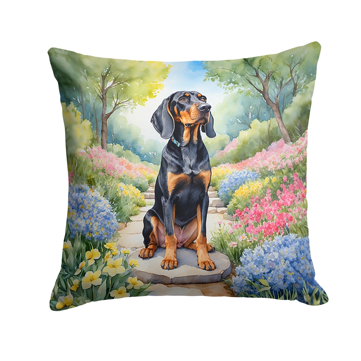 DAC6570PW1414 14 x 14 in. Black & Tan Coonhound Spring Path Throw Pillow