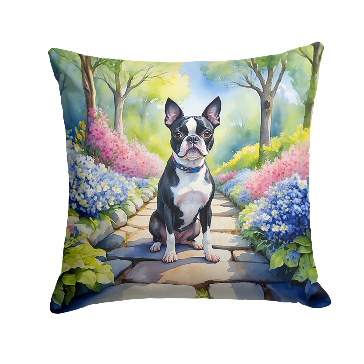 DAC6577PW1414 14 x 14 in. Boston Terrier Spring Path Throw Pillow