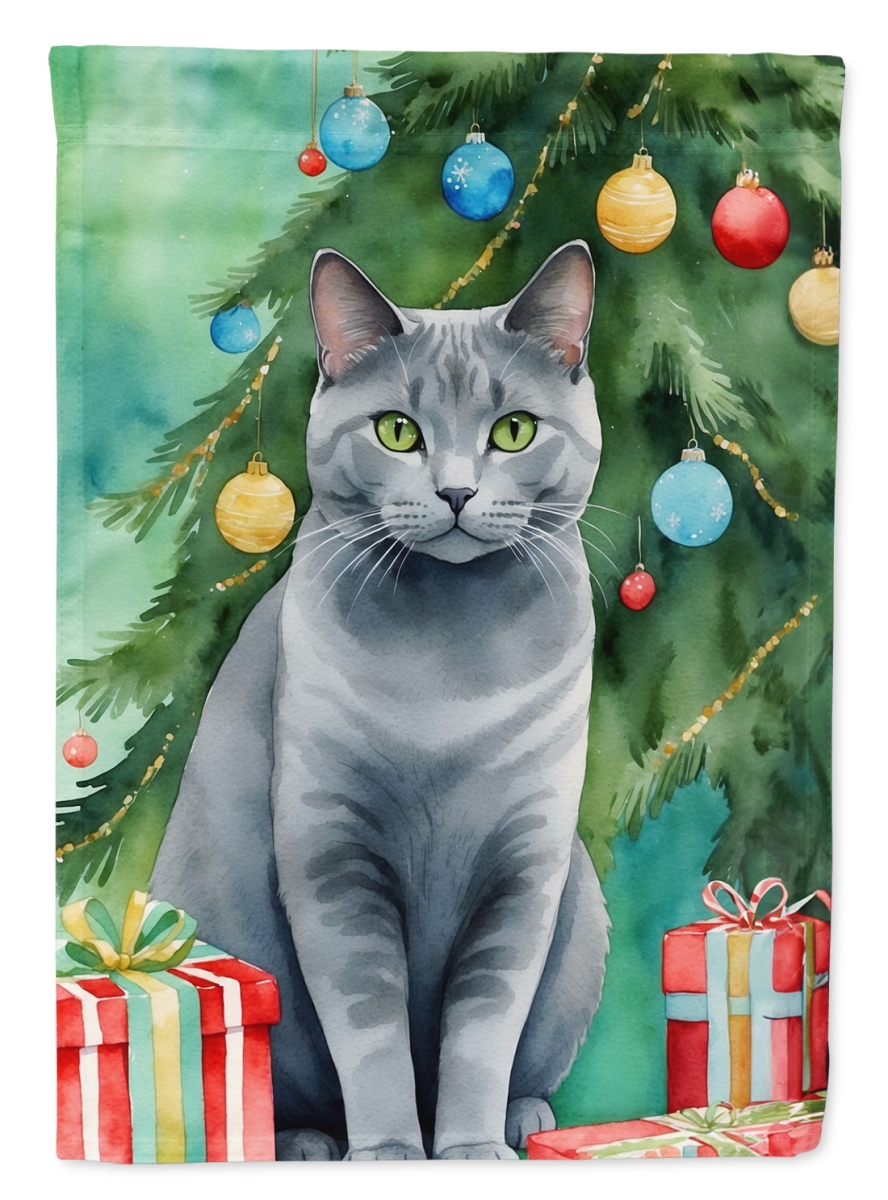 DAC7203GF 15.5 x 11.25 in. Chartreux Cat by the Christmas Tree Garden Flag
