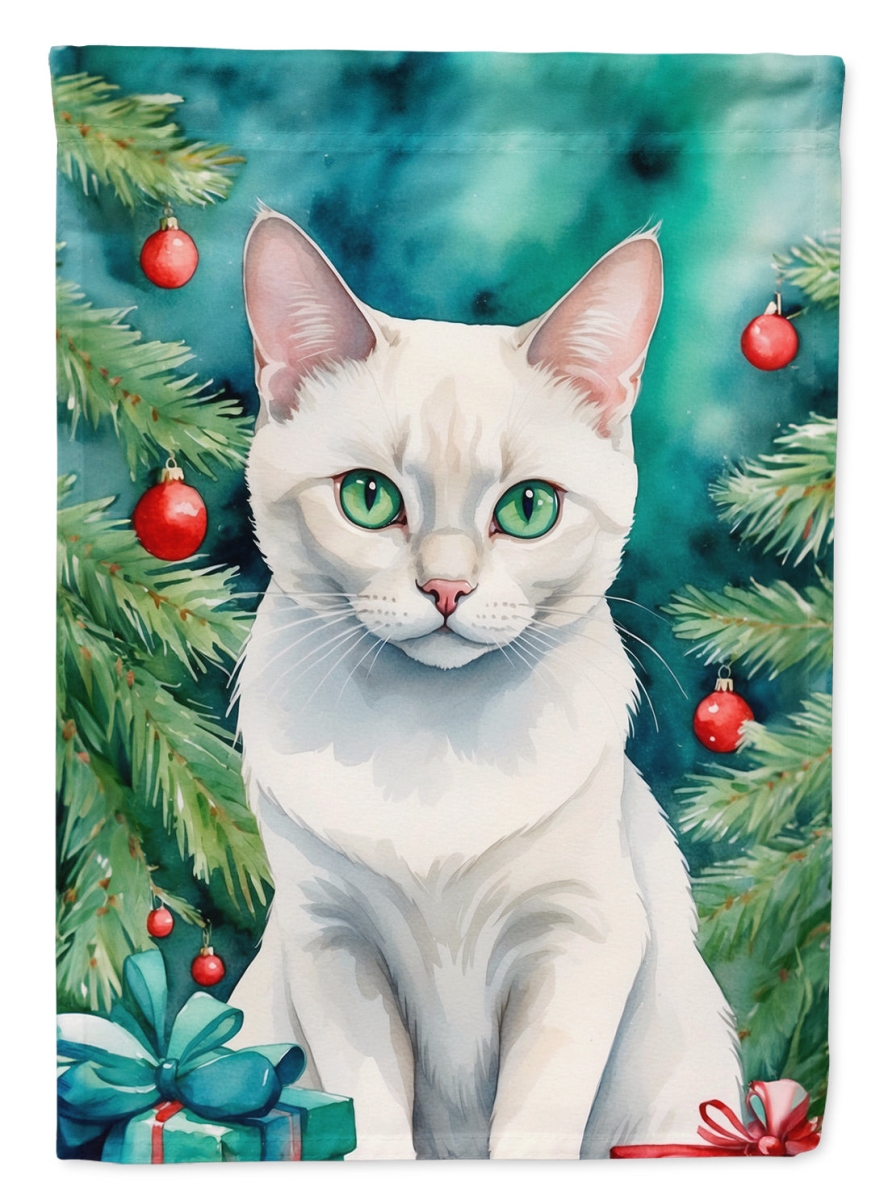 DAC7217GF 15.5 x 11.25 in. Foreign White Cat by the Christmas Tree Garden Flag
