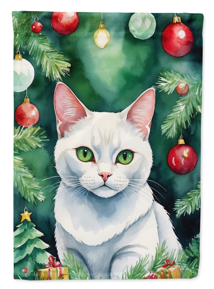 DAC7223GF 15.5 x 11.25 in. Khao Manee Cat by the Christmas Tree Garden Flag