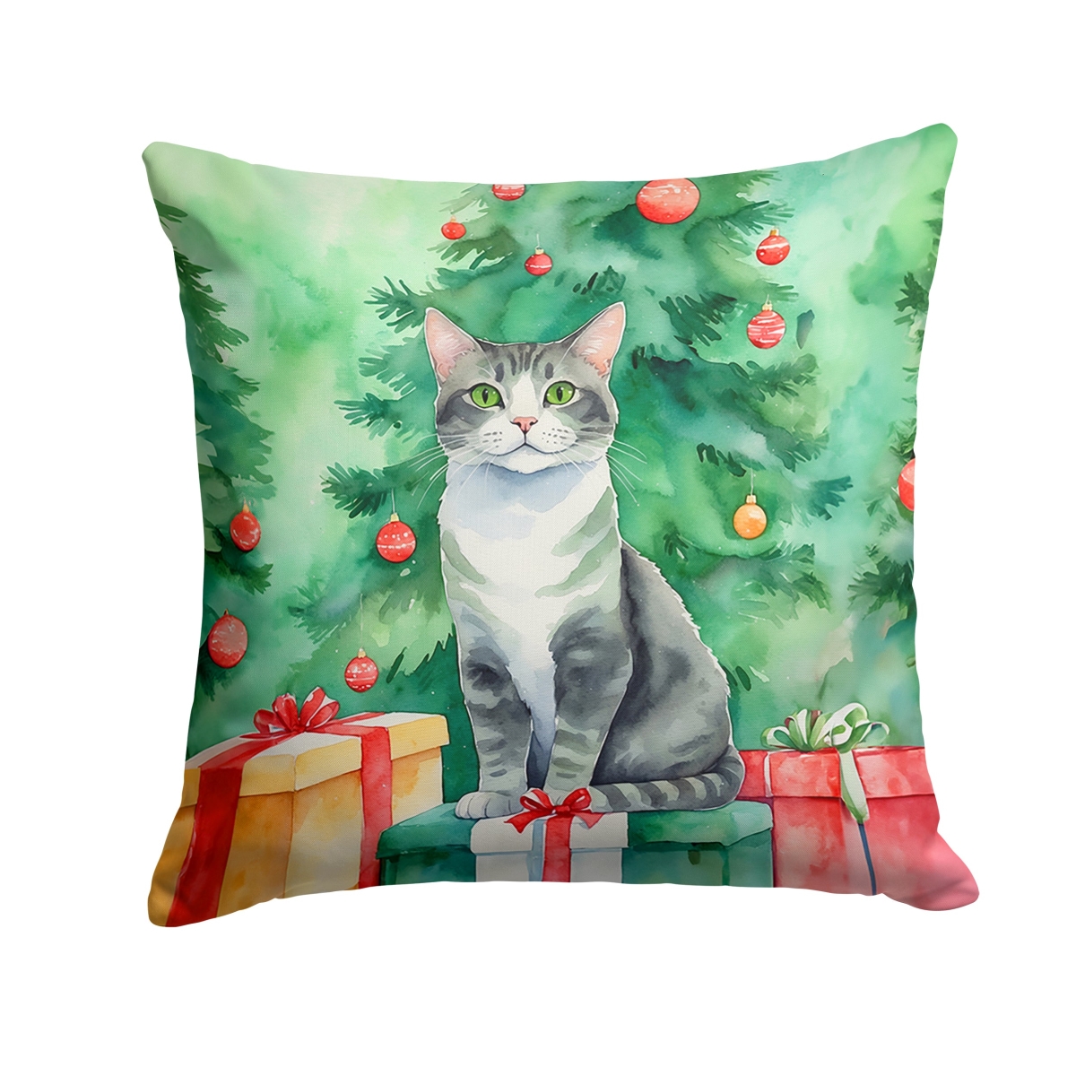 DAC7270PW1414 14 x 14 in. Ural Rex Cat by the Christmas Tree Throw Pillow