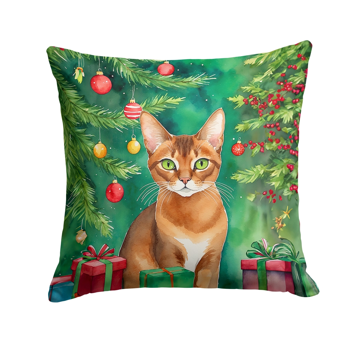 DAC7186PW1818 18 x 18 in. Abyssinian Cat by the Christmas Tree Throw Pillow