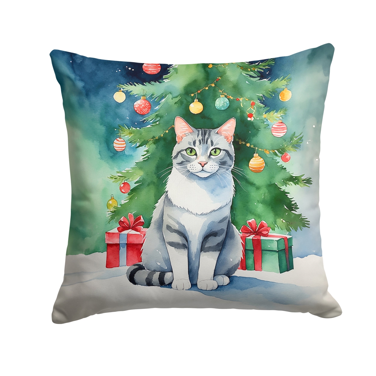 DAC7187PW1818 18 x 18 in. Aegean Cat by the Christmas Tree Throw Pillow