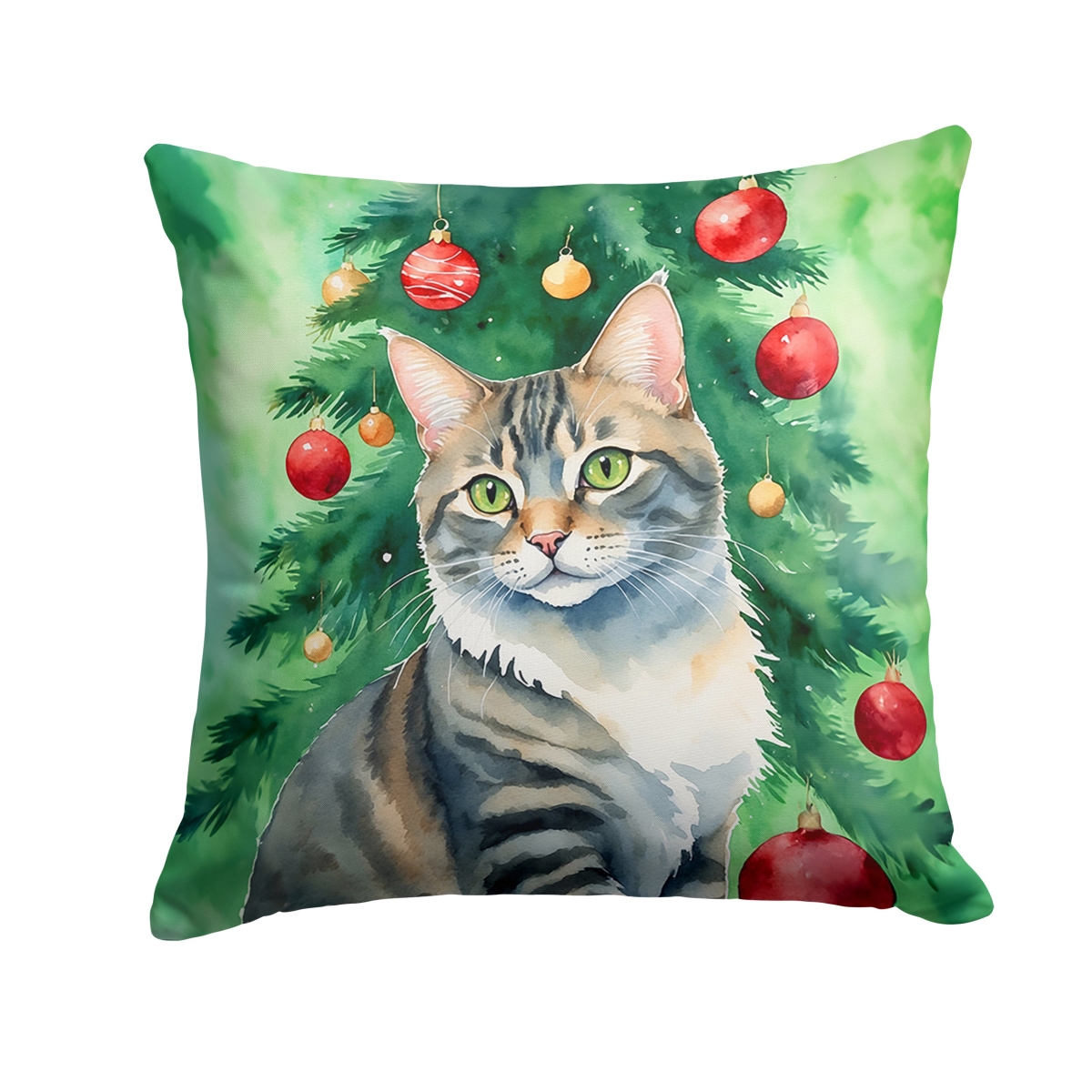 DAC7188PW1818 18 x 18 in. American Bobtail Cat by the Christmas Tree Throw Pillow