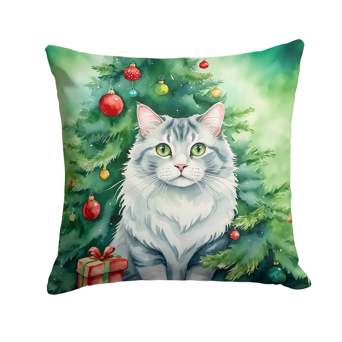 DAC7189PW1818 18 x 18 in. American Curl Cat by the Christmas Tree Throw Pillow