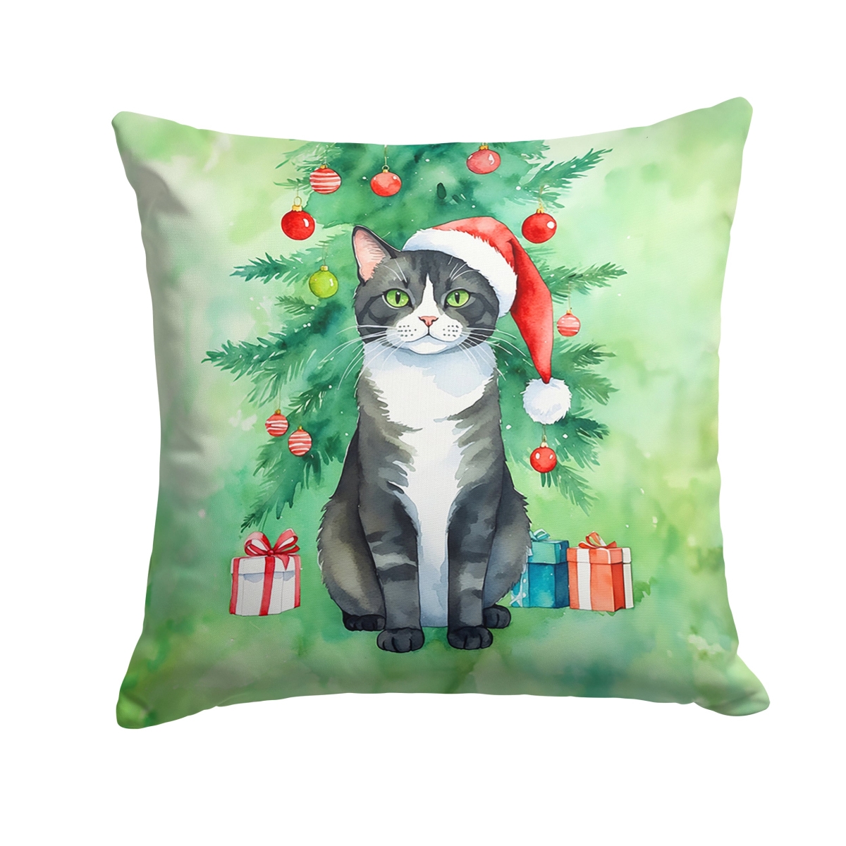 DAC7190PW1818 18 x 18 in. American Polydactyl Cat by the Christmas Tree Throw Pillow