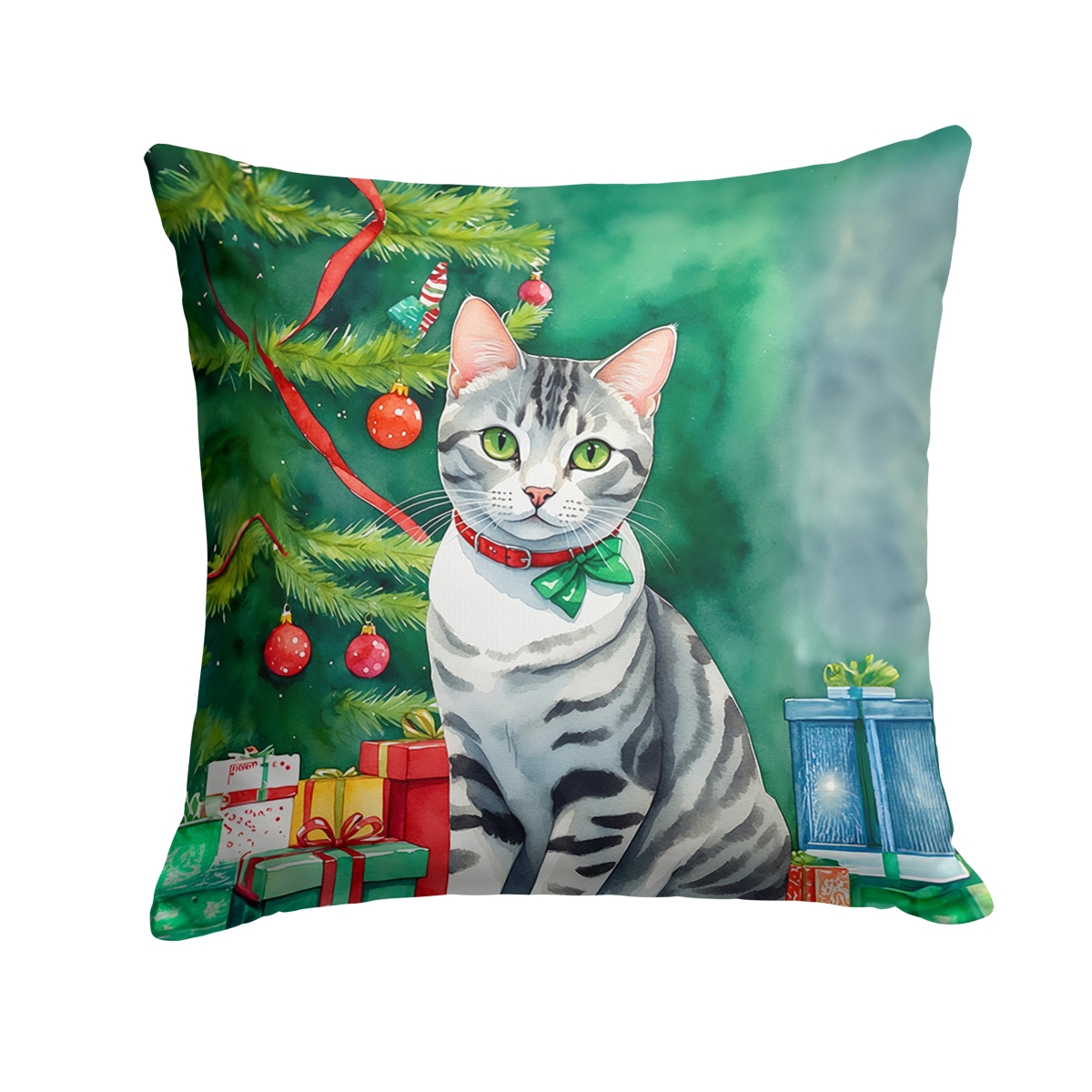 DAC7191PW1818 18 x 18 in. American Shorthair Cat by the Christmas Tree Throw Pillow