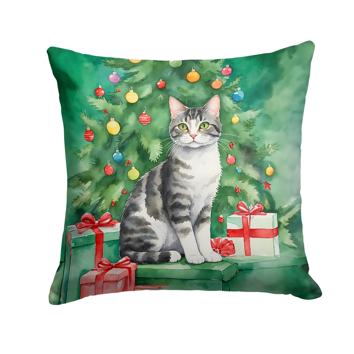 DAC7192PW1818 18 x 18 in. American Wirehair Cat by the Christmas Tree Throw Pillow