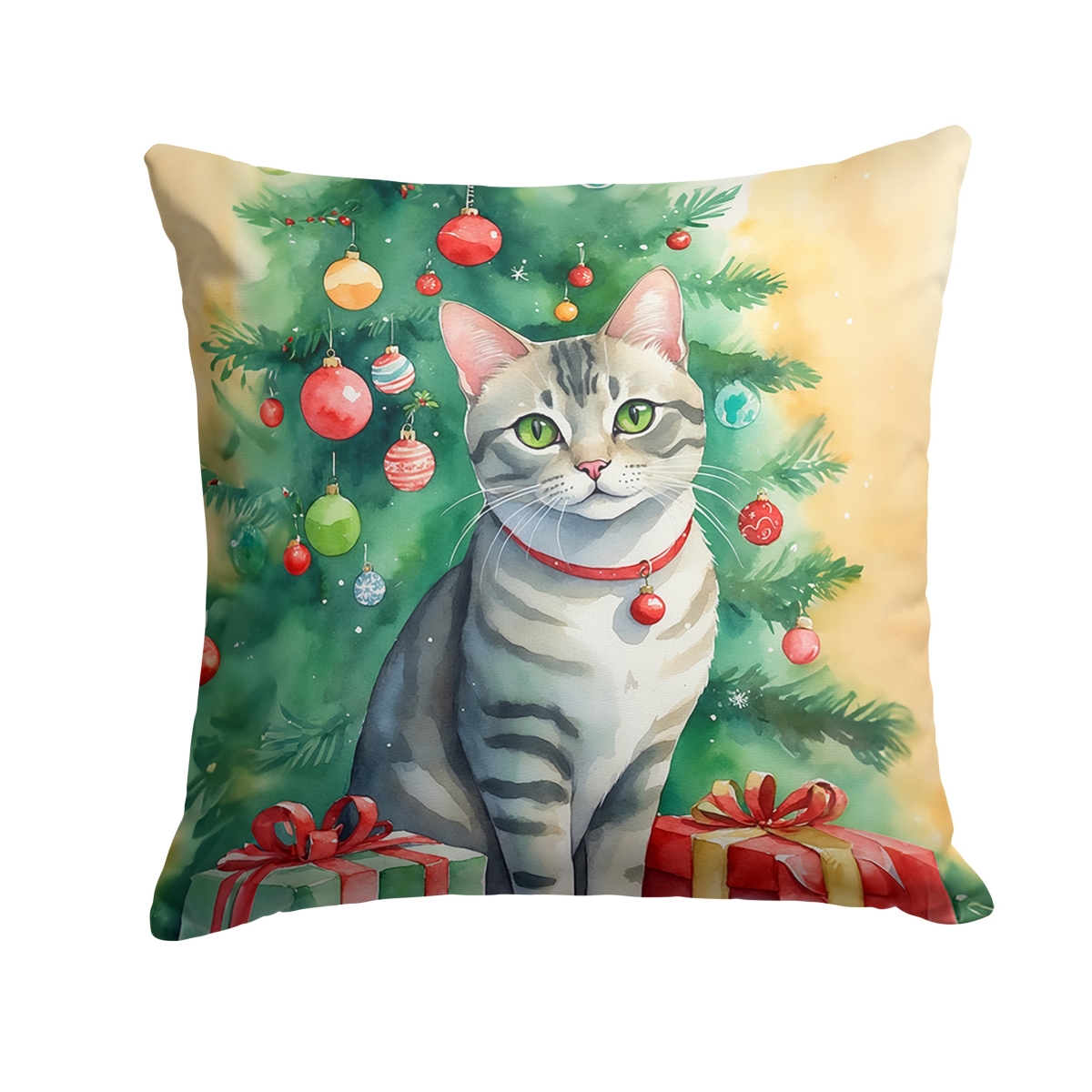 DAC7194PW1818 18 x 18 in. Asian Cat by the Christmas Tree Throw Pillow