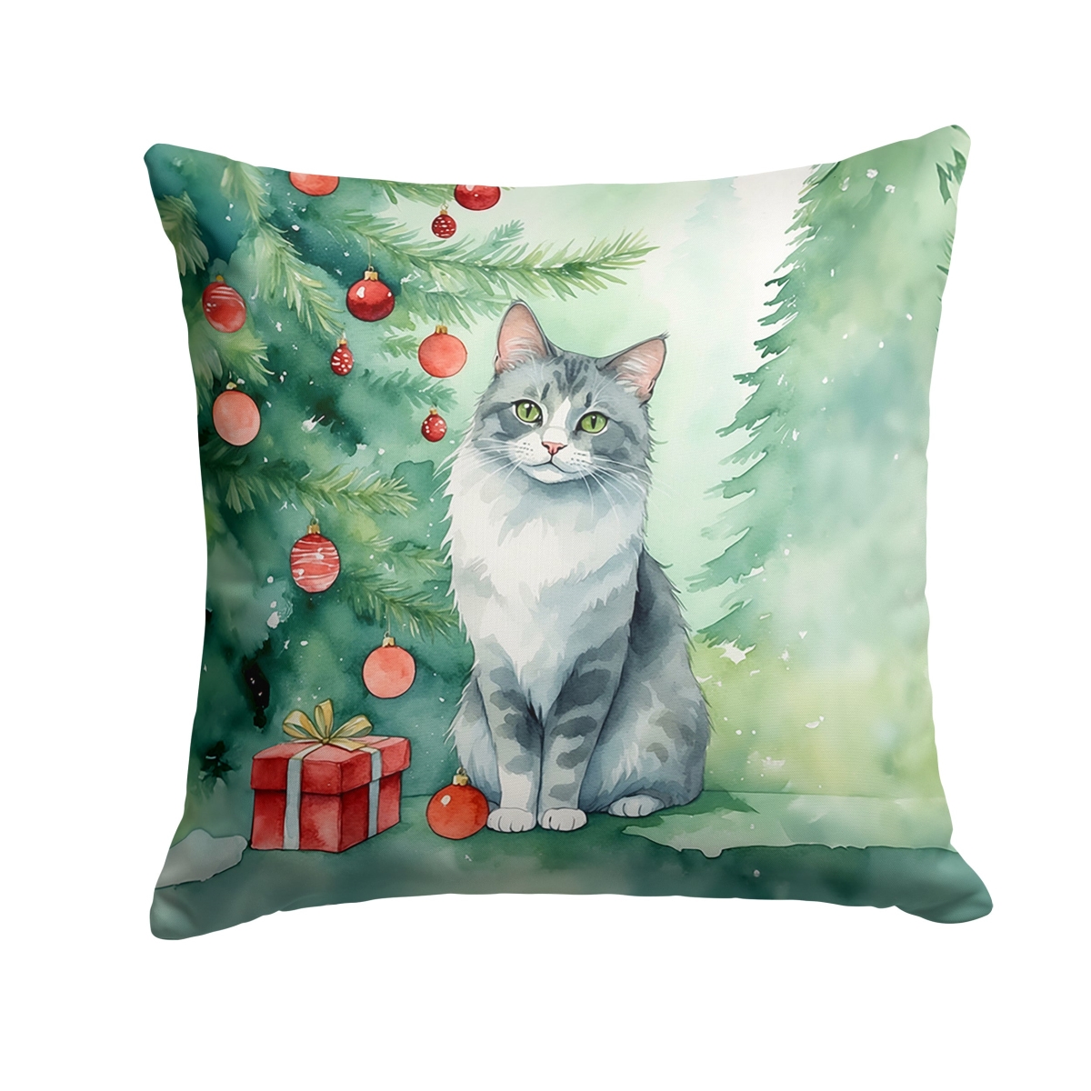 DAC7195PW1818 18 x 18 in. Australian Mist Cat by the Christmas Tree Throw Pillow