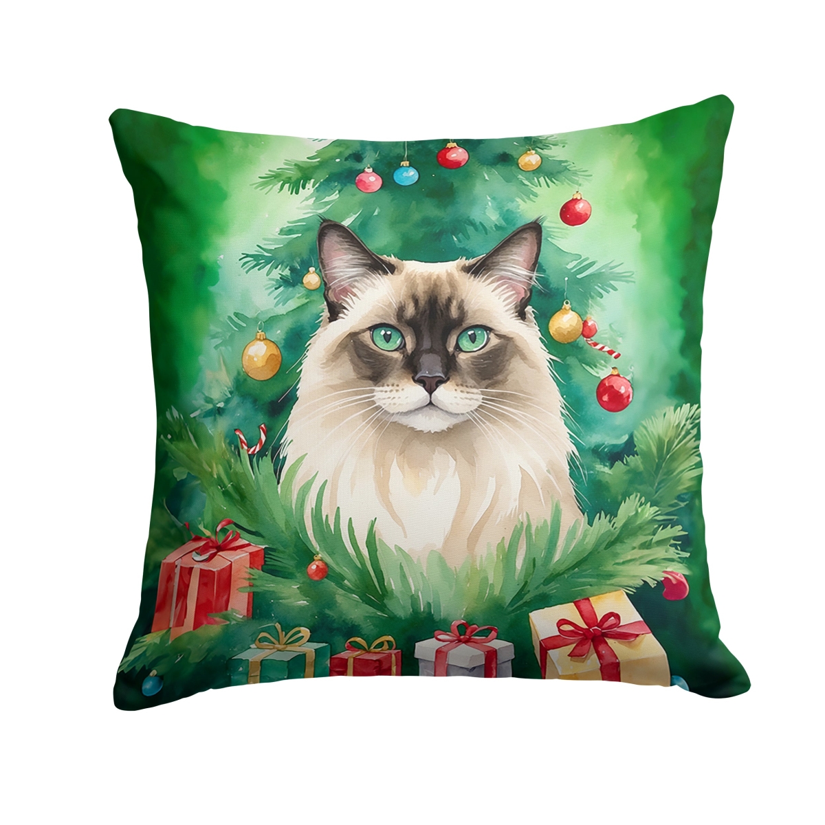 DAC7196PW1818 18 x 18 in. Balinese Cat by the Christmas Tree Throw Pillow