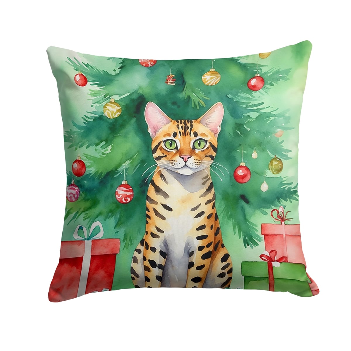 DAC7197PW1818 18 x 18 in. Bengal Cat by the Christmas Tree Throw Pillow