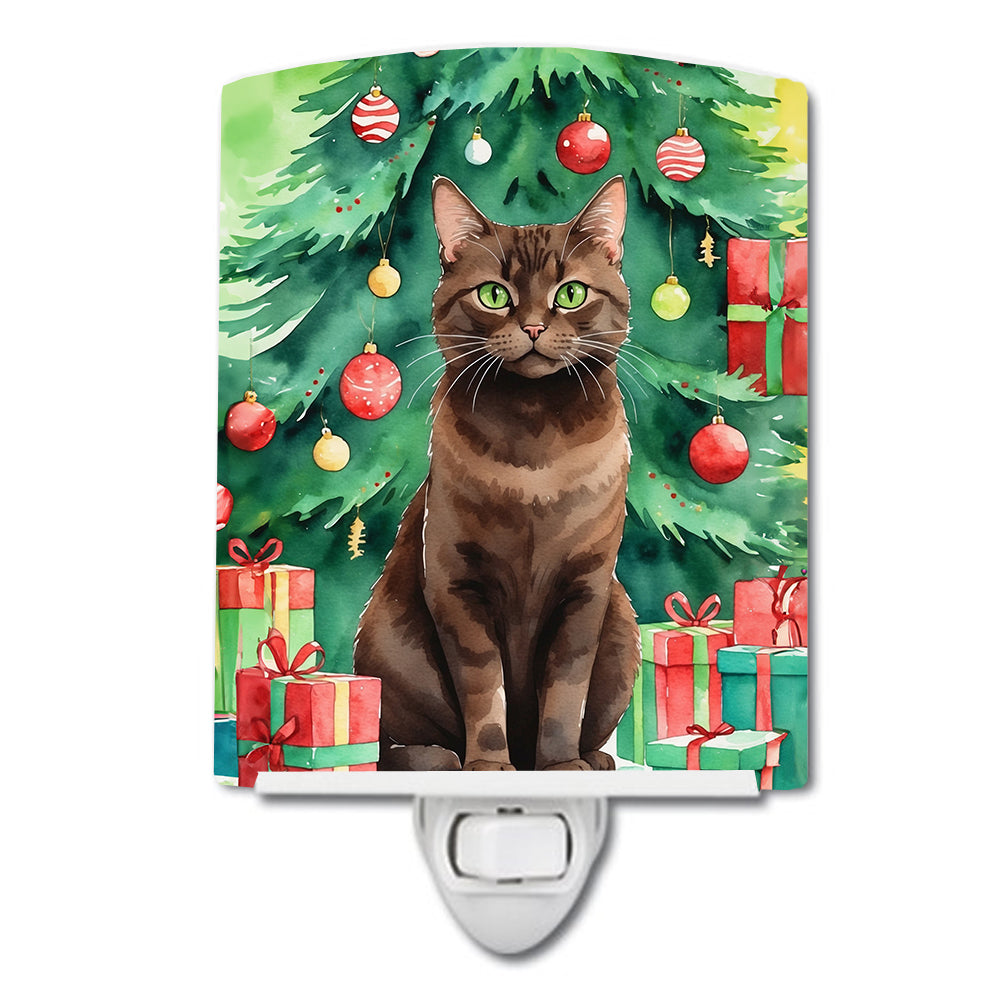 DAC7271CNL 6 x 4 in. York Chocolate Cat by the Christmas Tree Ceramic Night Light