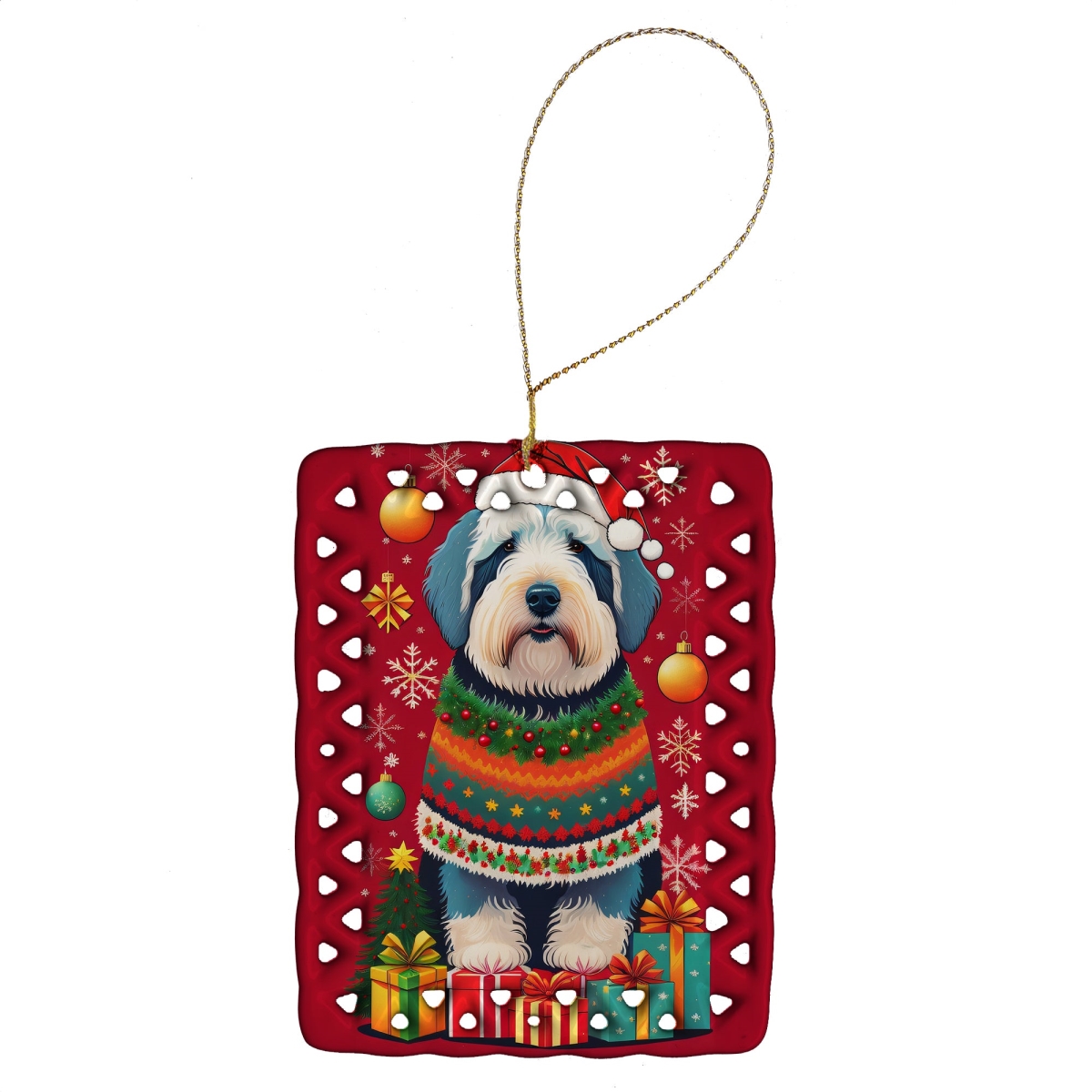 DAC3132CO2 3.4 x 2.6 in. Old English Sheepdog Holiday Christmas Porcelain Ornament