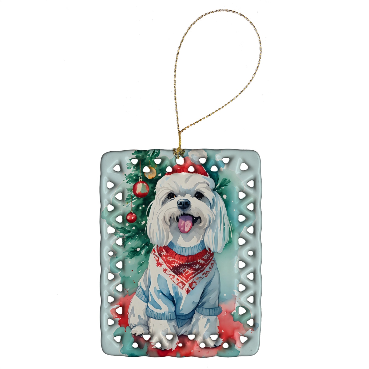Maltese Christmas Porcelain Ornament - White - 3.4 x 2.6 in. - Customizable Back