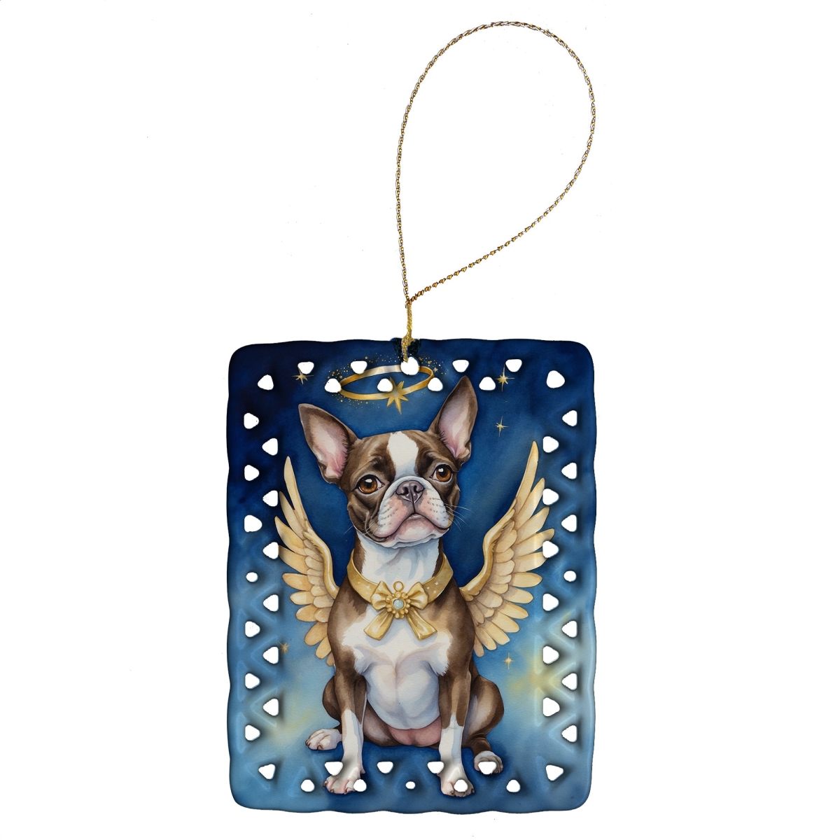 Boston Terrier My Angel Porcelain Ornament - White - 3.4 x 2.6 in. - Customizable Back