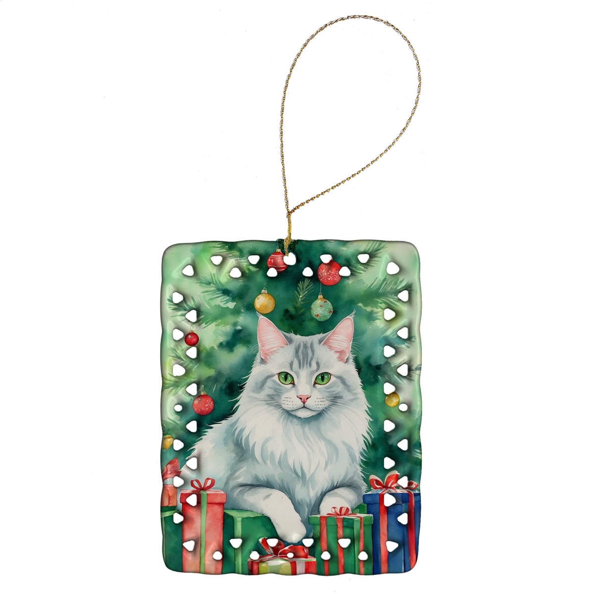 DAC7267CO2 3.4 x 2.6 in. Turkish Angora Cat by the Christmas Tree Porcelain Ornament