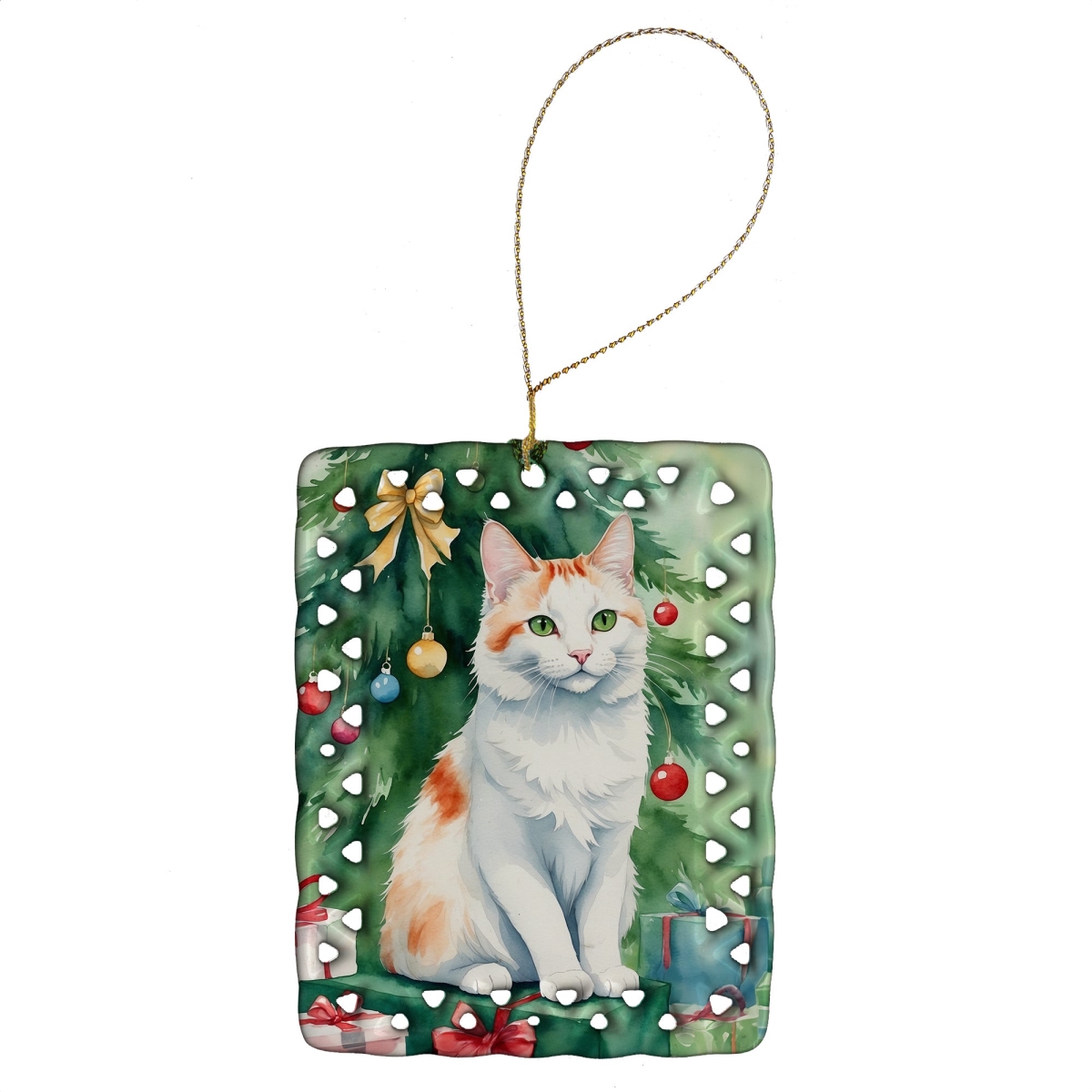 DAC7268CO2 3.4 x 2.6 in. Turkish Van Cat by the Christmas Tree Porcelain Ornament