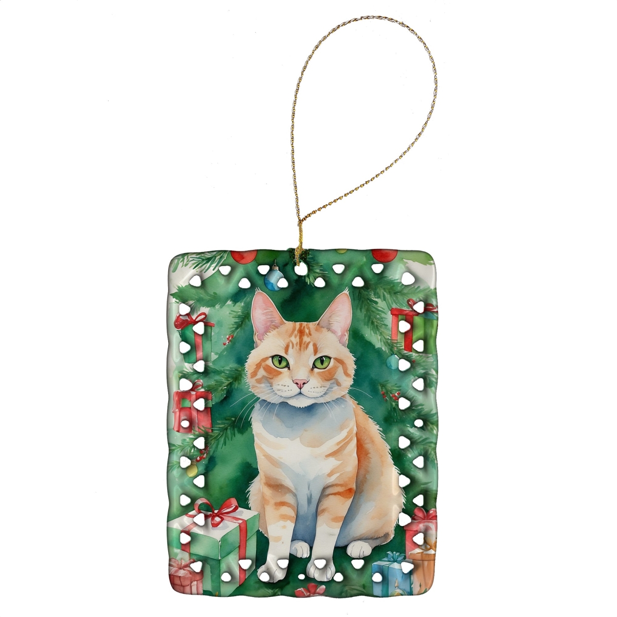 DAC7269CO2 3.4 x 2.6 in. Ural Rex Cat by the Christmas Tree Porcelain Ornament