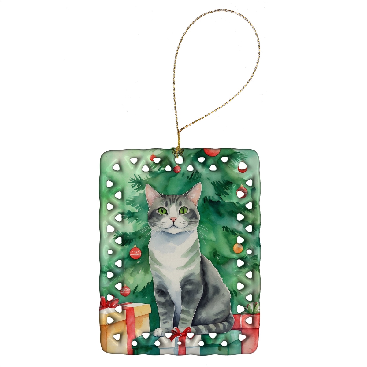 DAC7270CO2 3.4 x 2.6 in. Ural Rex Cat by the Christmas Tree Porcelain Ornament