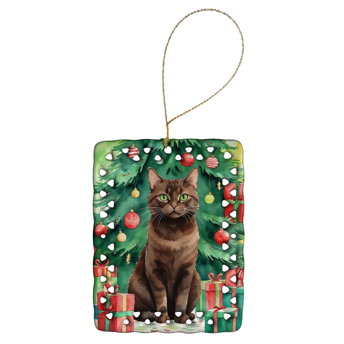 DAC7271CO2 3.4 x 2.6 in. York Chocolate Cat by the Christmas Tree Porcelain Ornament
