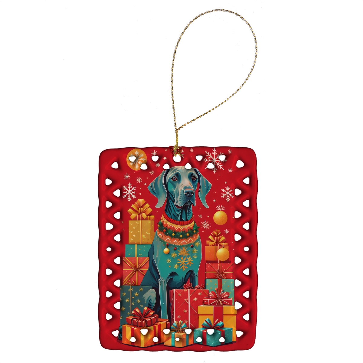 Weimaraner Christmas Porcelain Ornament - White - 3.4 x 2.6 in. - Customizable Back
