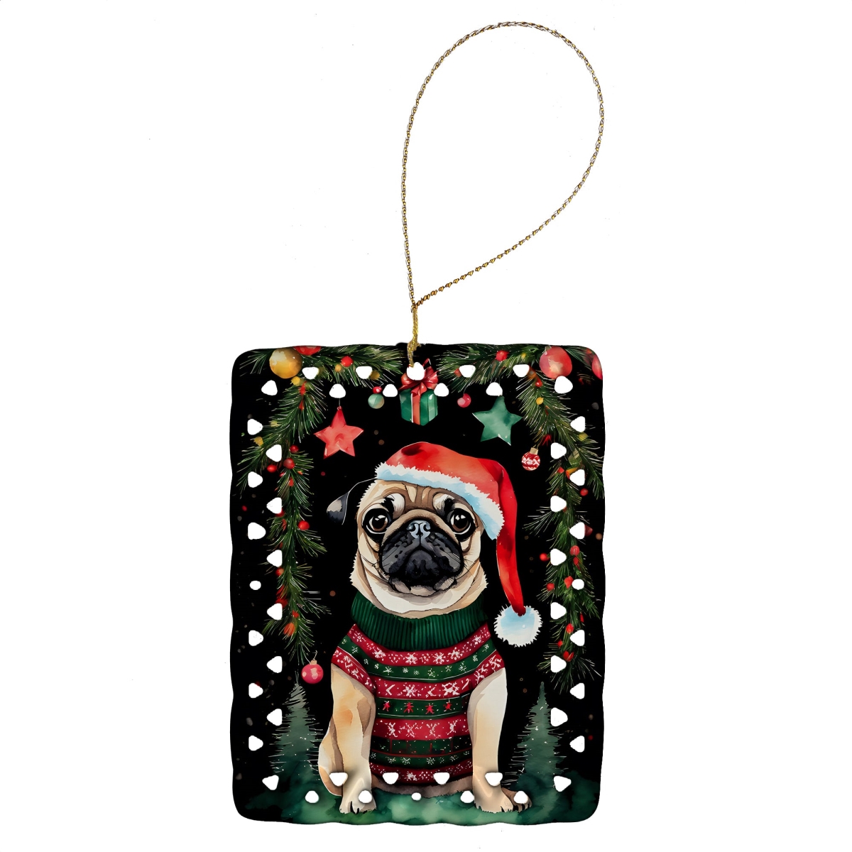 DAC3593CO2 3.4 x 2.6 in. Pug Christmas Porcelain Ornament