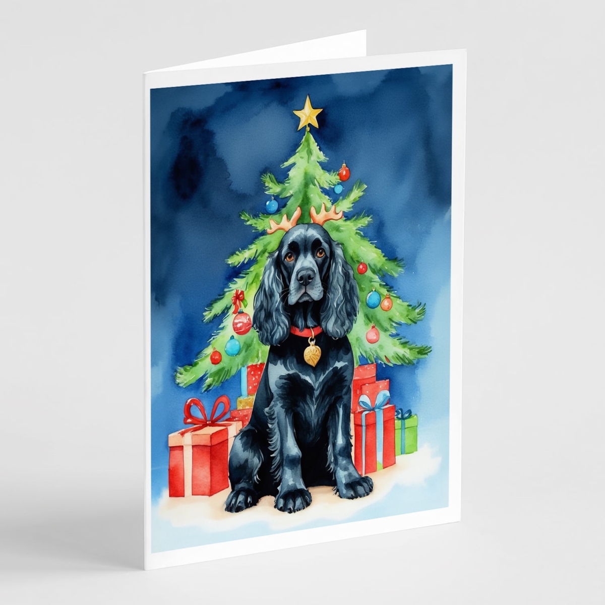 DAC7761GCA7P 5 x 7 in. Black Cocker Spaniel Christmas Reindeer Greeting Cards, Pack of 8