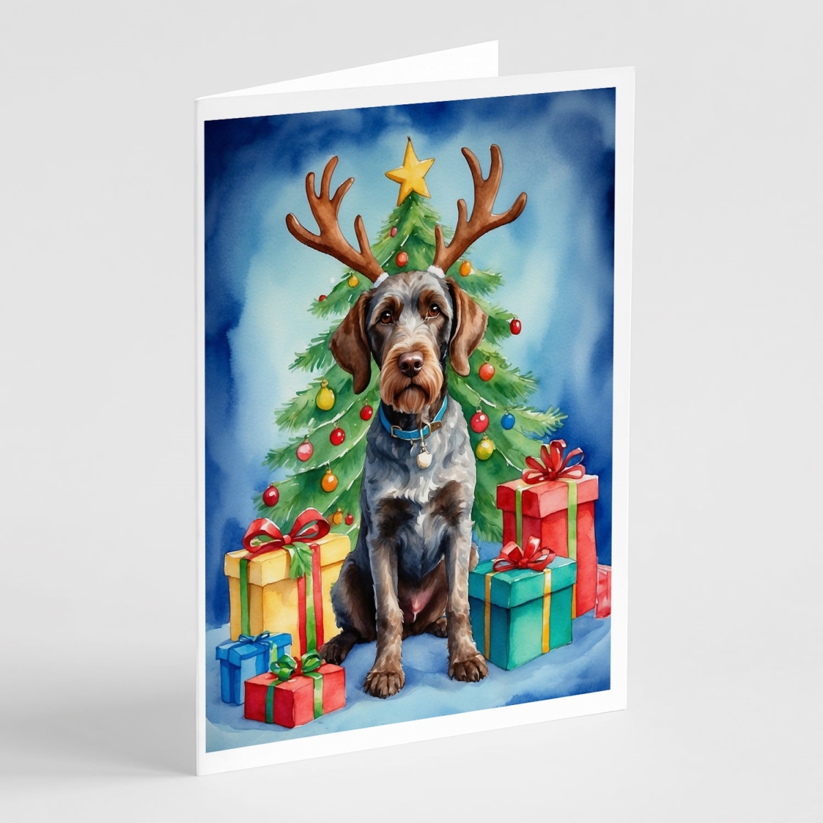 DAC7789GCA7P 5 x 7 in. German Wirehaired Pointer Christmas Reindeer Greeting Cards, Pack of 8