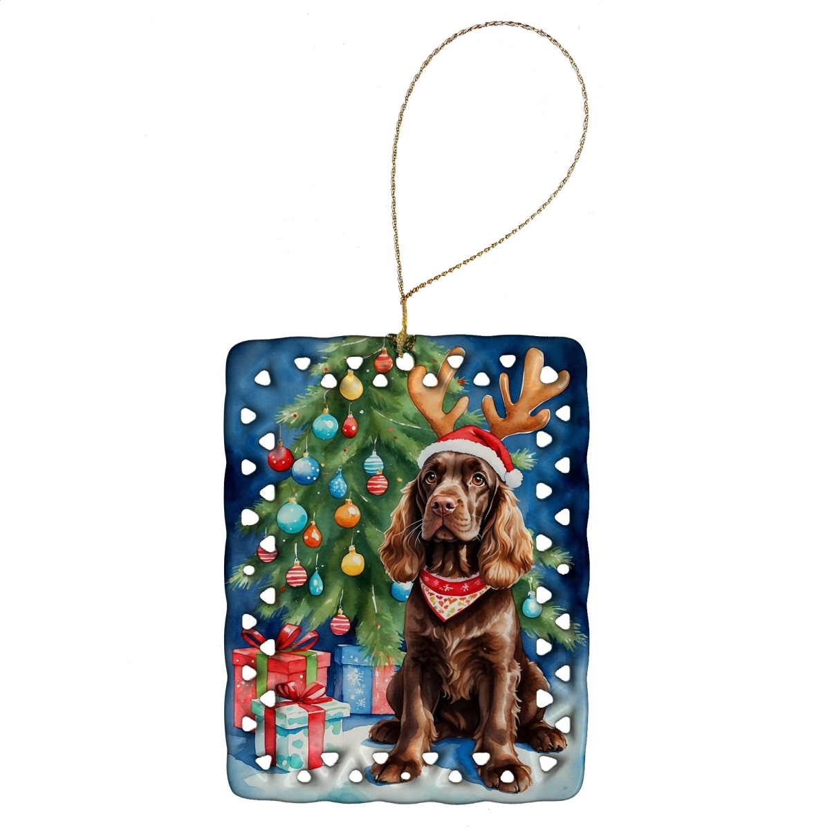 DAC7762CO2 3.4 x 2.6 in. Chocolate Cocker Spaniel Christmas Reindeer Porcelain Ornament