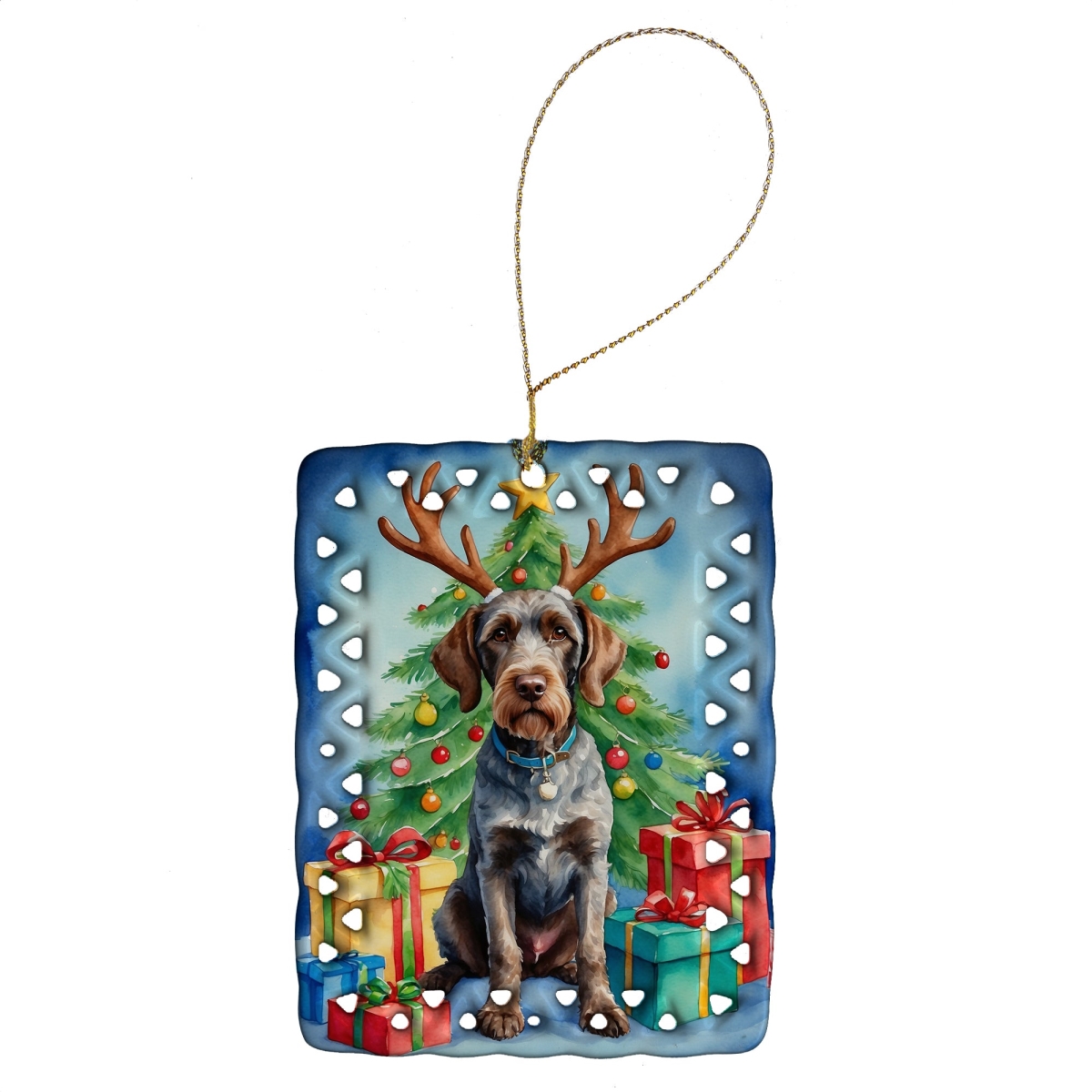 DAC7789CO2 3.4 x 2.6 in. German Wirehaired Pointer Christmas Reindeer Porcelain Ornament