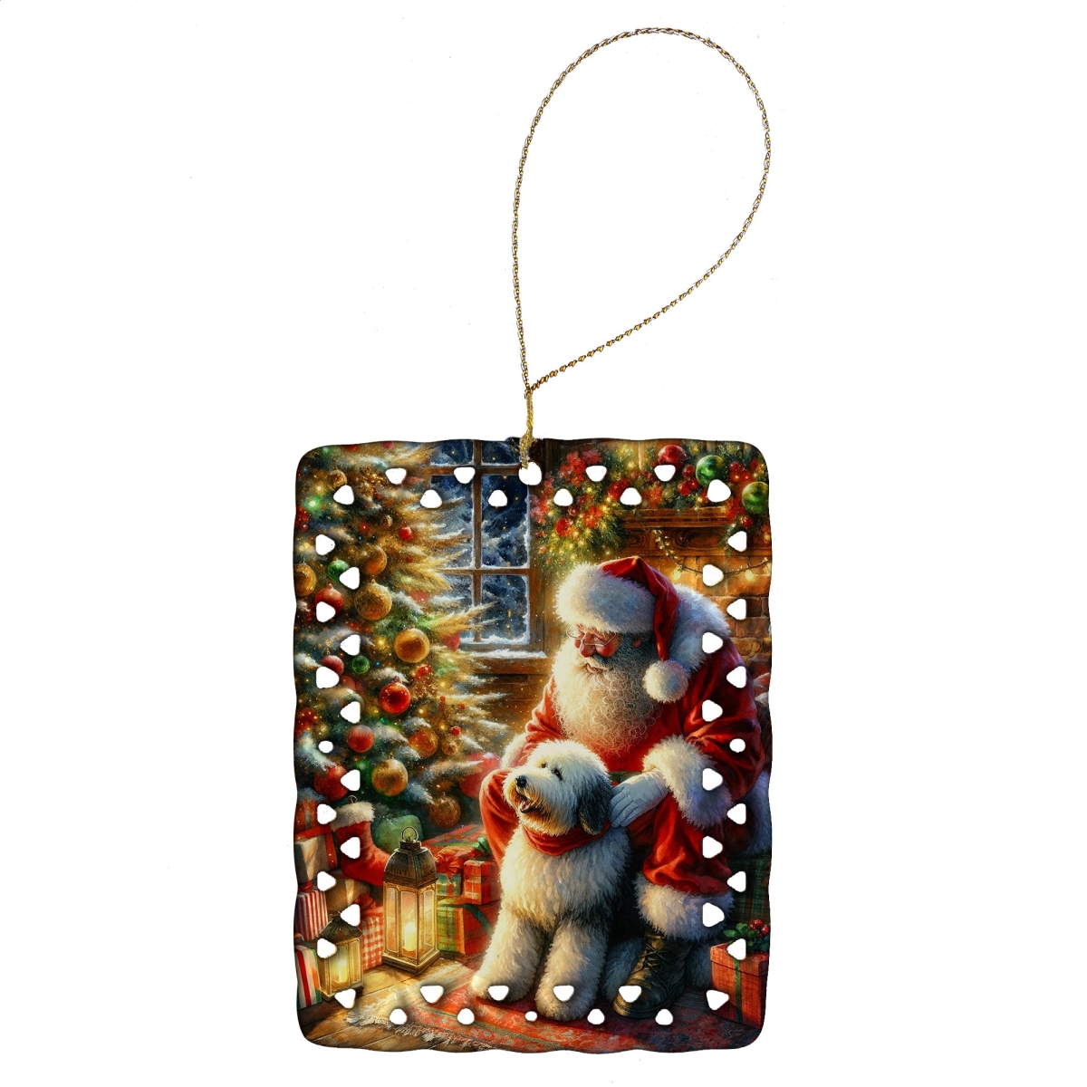 DAC4146CO2 3.4 x 2.6 in. Old English Sheepdog & Santa Claus Porcelain Ornament