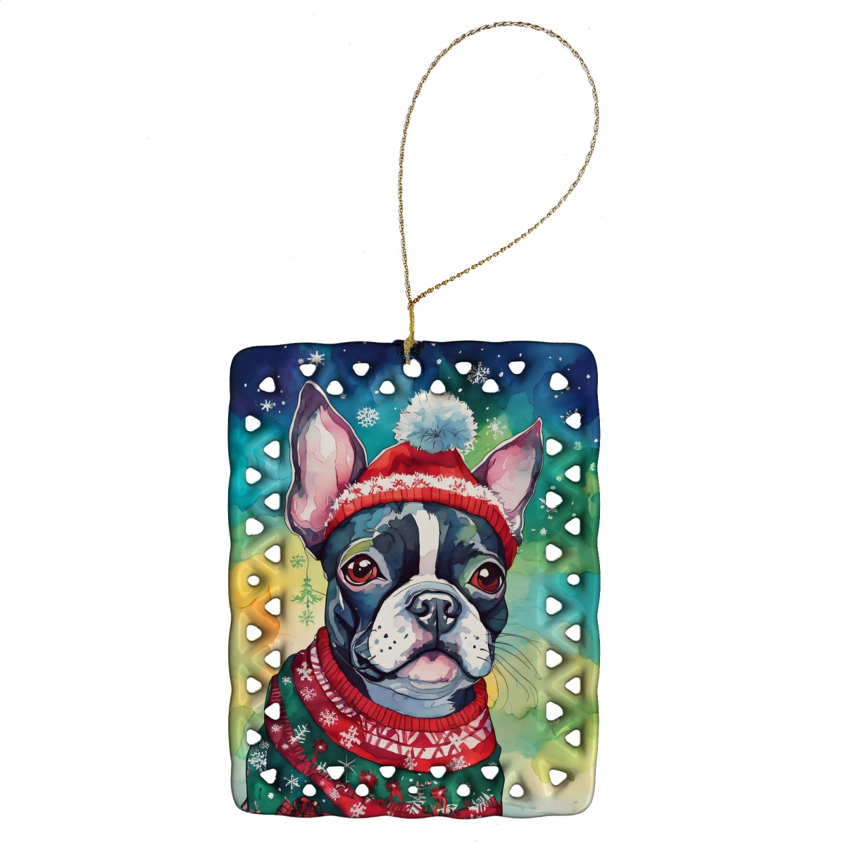DAC3379CO2 3.4 x 2.6 in. Boston Terrier Christmas Porcelain Ornament