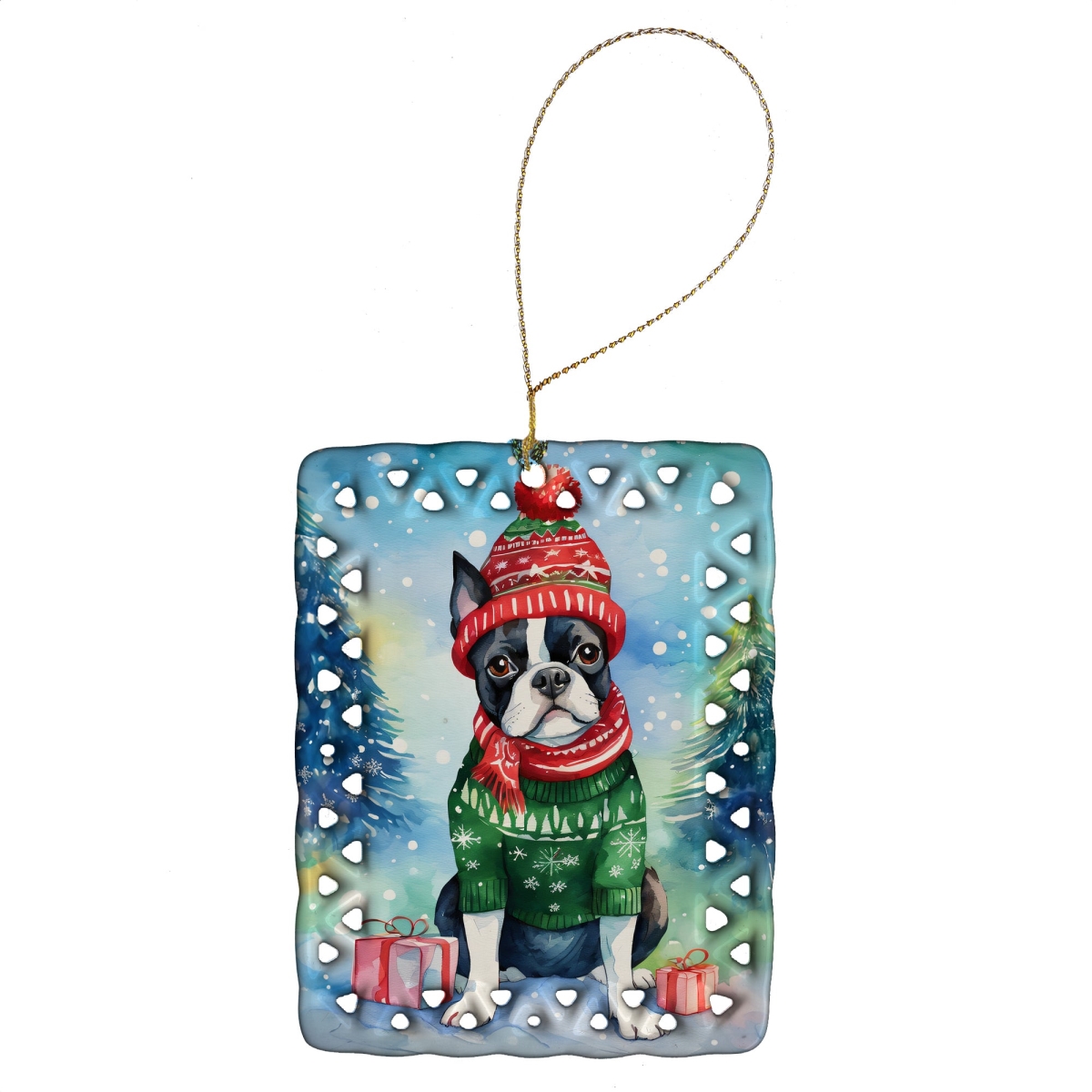 DAC3382CO2 3.4 x 2.6 in. Boston Terrier Christmas Porcelain Ornament