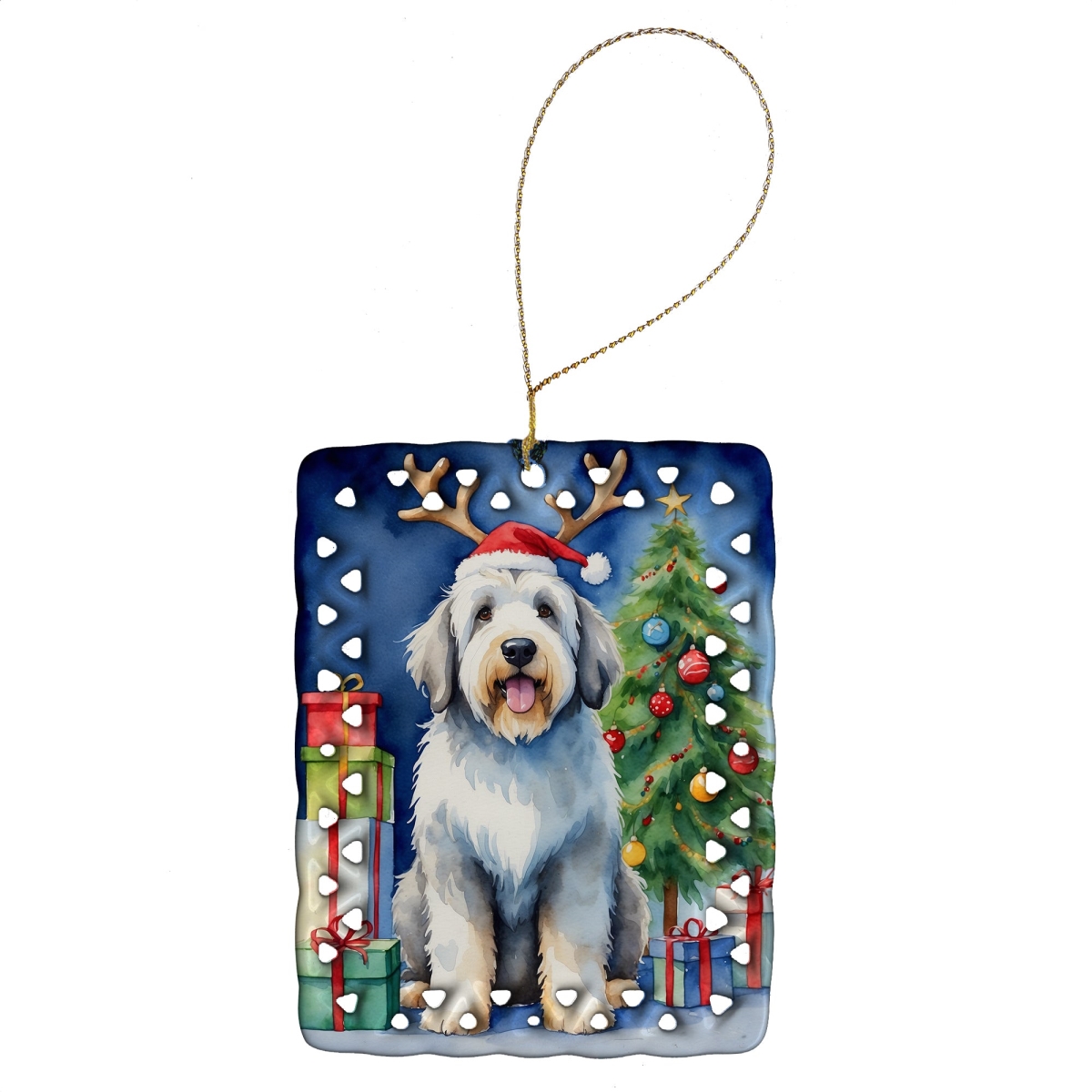 DAC7832CO2 3.4 x 2.6 in. Old English Sheepdog Christmas Reindeer Porcelain Ornament