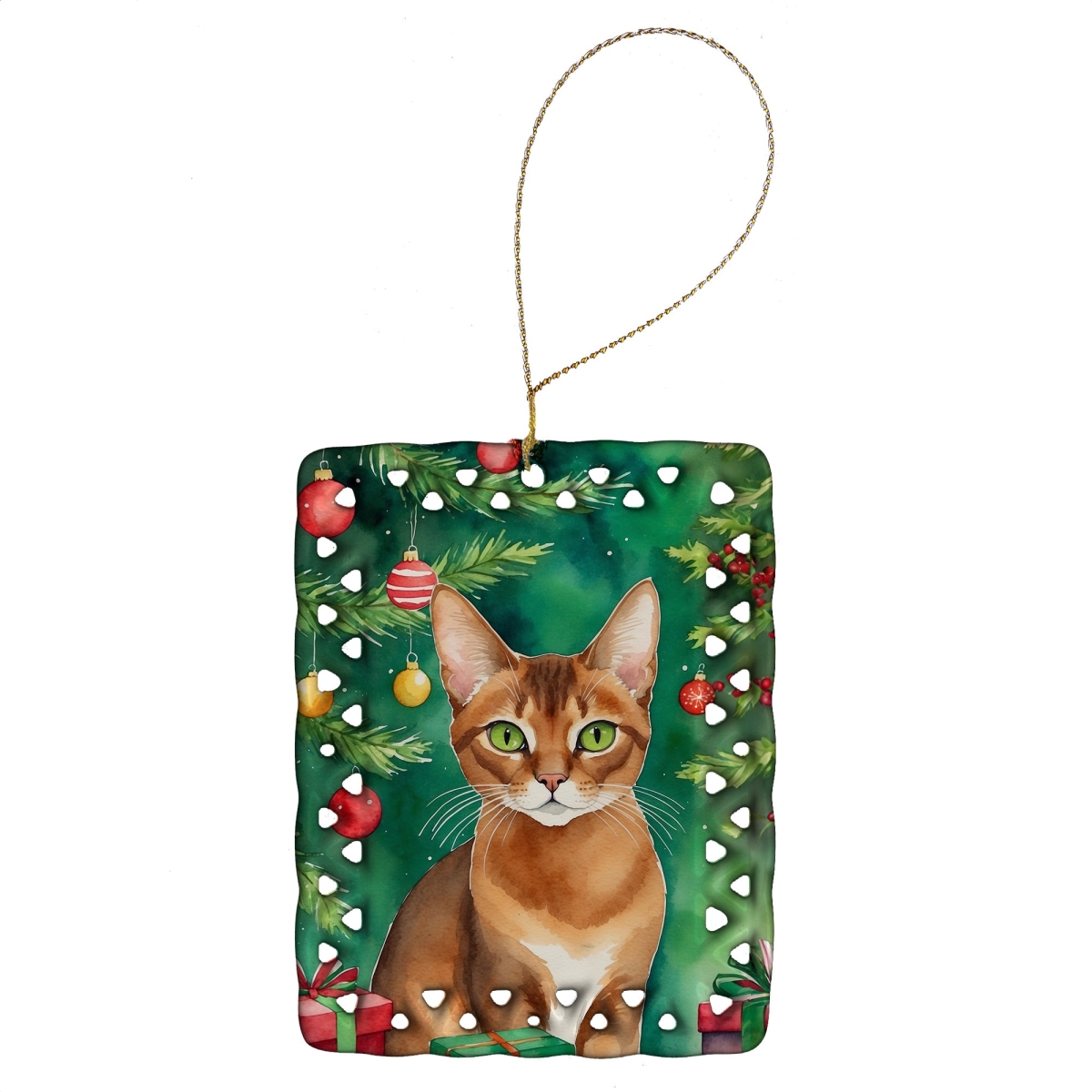 DAC7186CO2 3.4 x 2.6 in. Abyssinian Cat by the Christmas Tree Porcelain Ornament