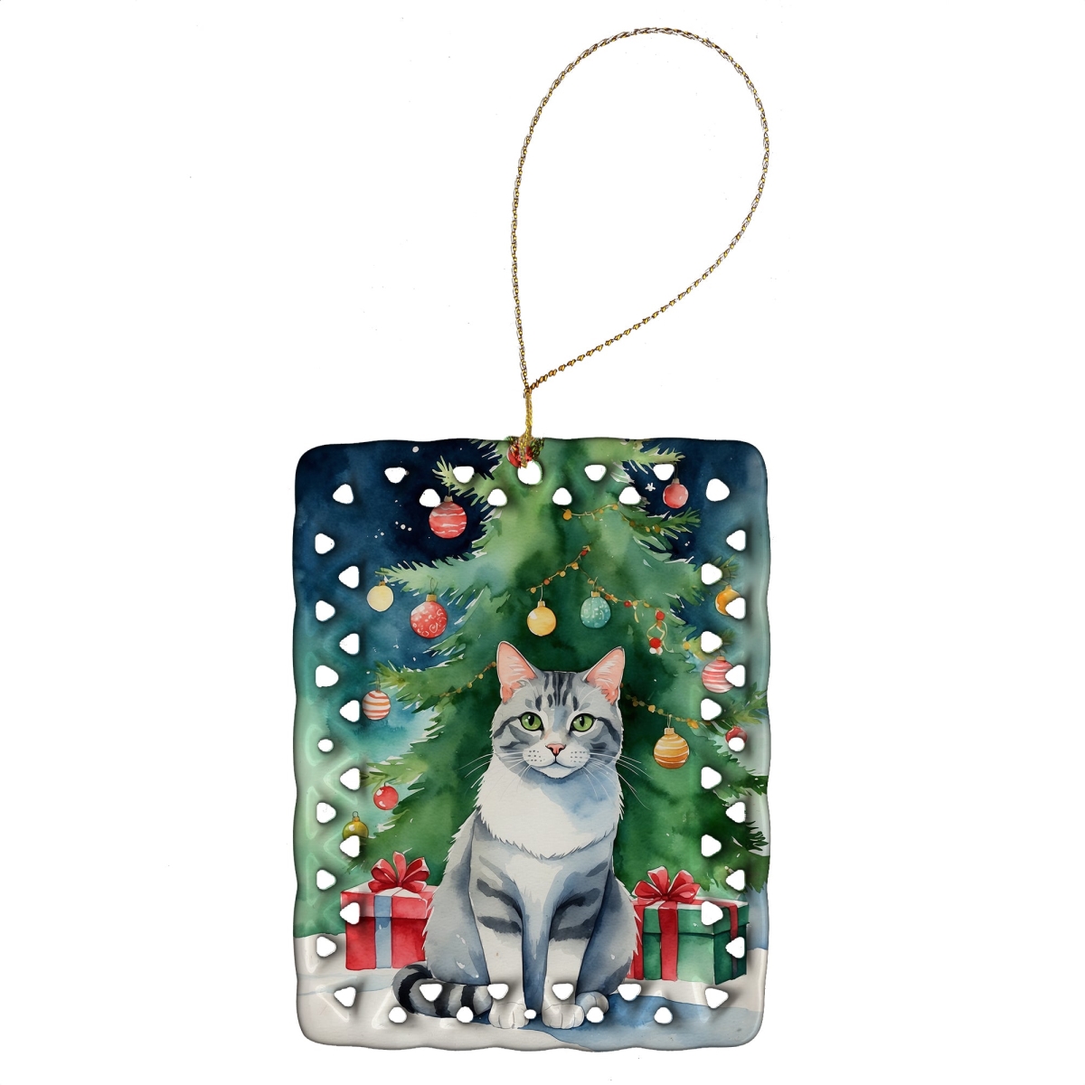 DAC7187CO2 3.4 x 2.6 in. Aegean Cat by the Christmas Tree Porcelain Ornament