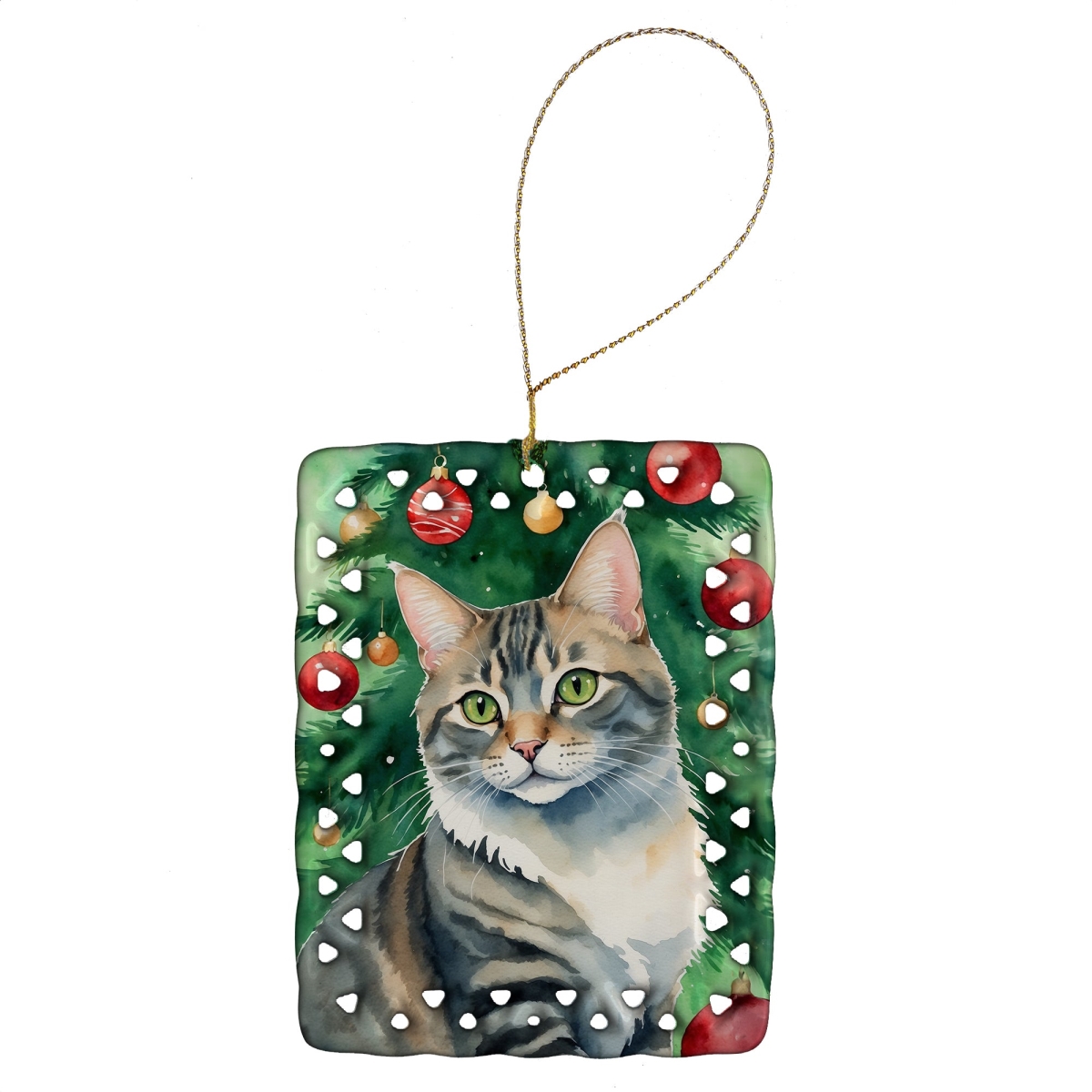 DAC7188CO2 3.4 x 2.6 in. American Bobtail Cat by the Christmas Tree Porcelain Ornament