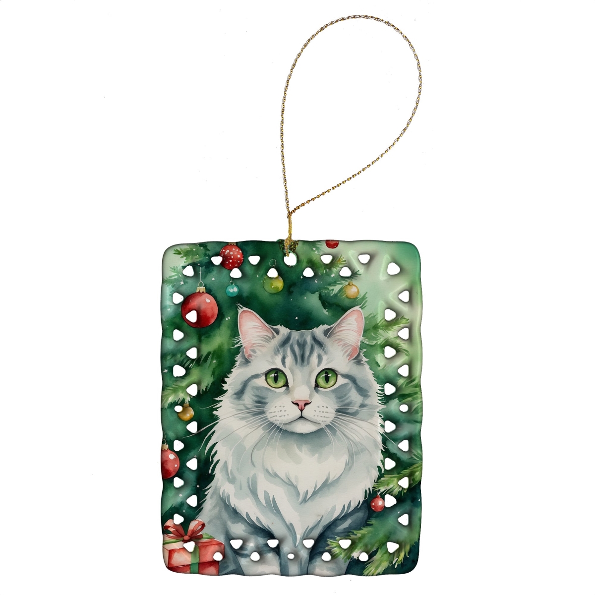 DAC7189CO2 3.4 x 2.6 in. American Curl Cat by the Christmas Tree Porcelain Ornament